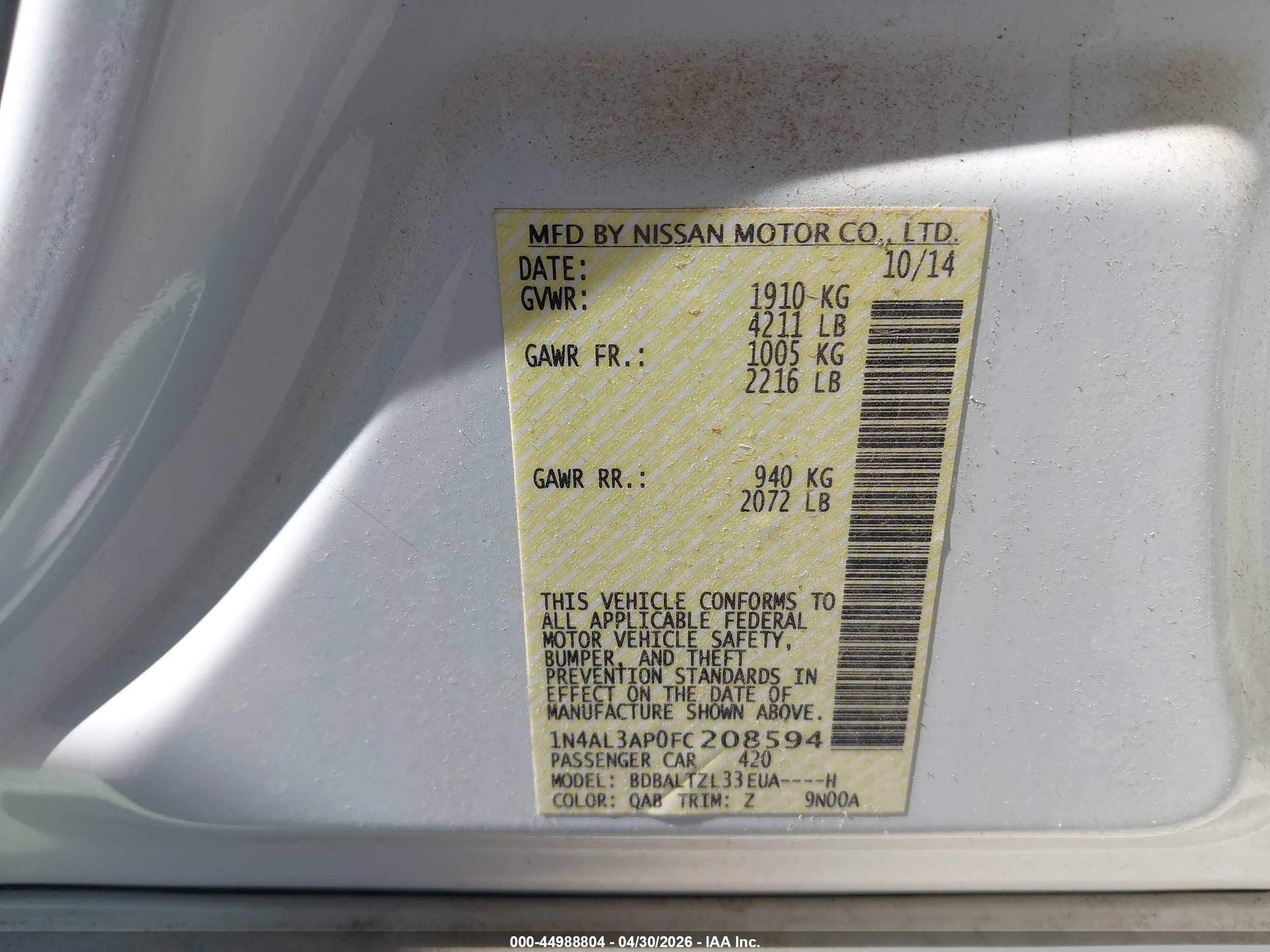 2015 Nissan Altima 2.5/2.5 S/2.5 Sl/2.5 Sv White vin: 1N4AL3AP0FC208594