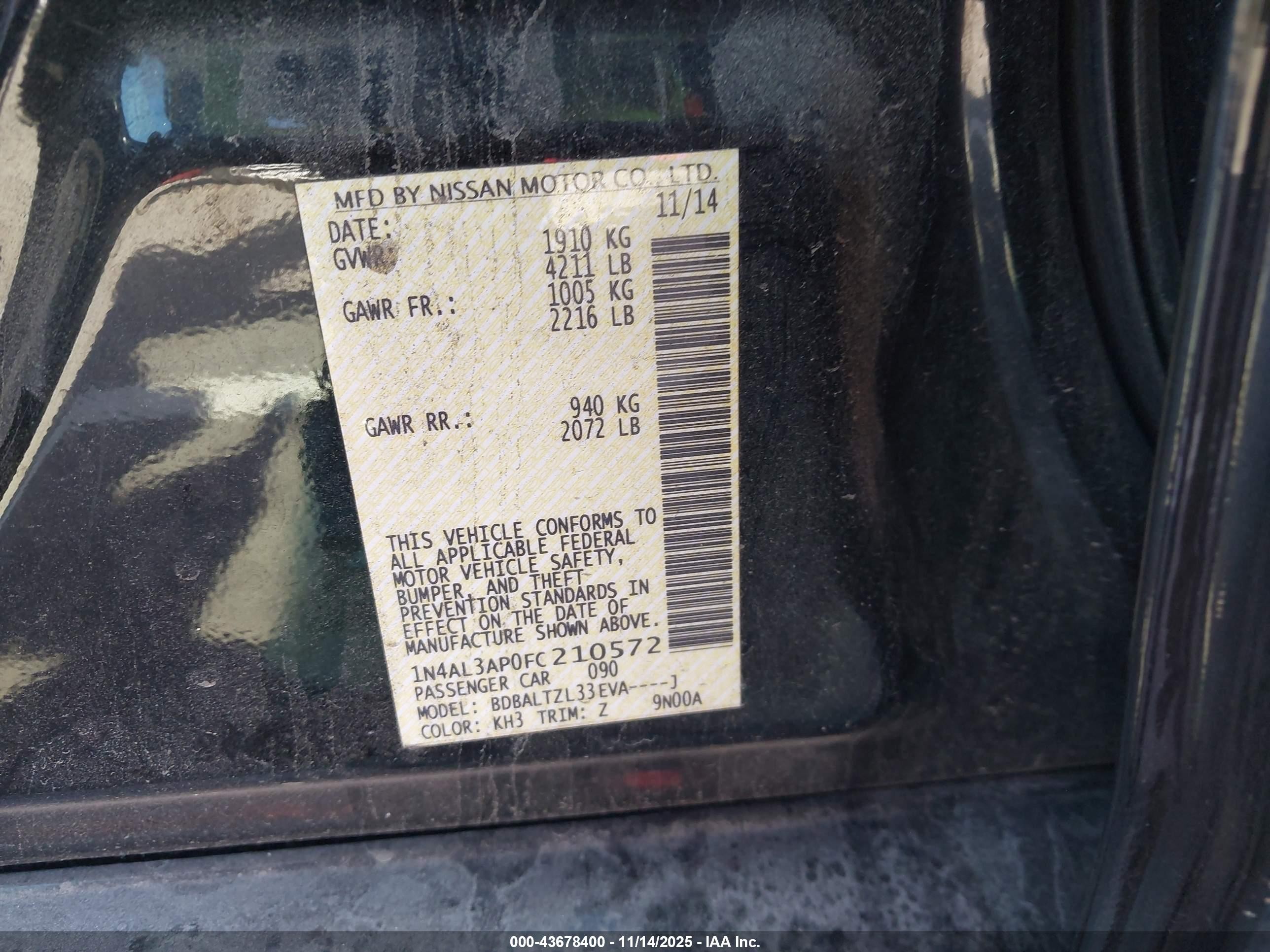 2015 Nissan Altima 2.5 Sl Black vin: 1N4AL3AP0FC210572