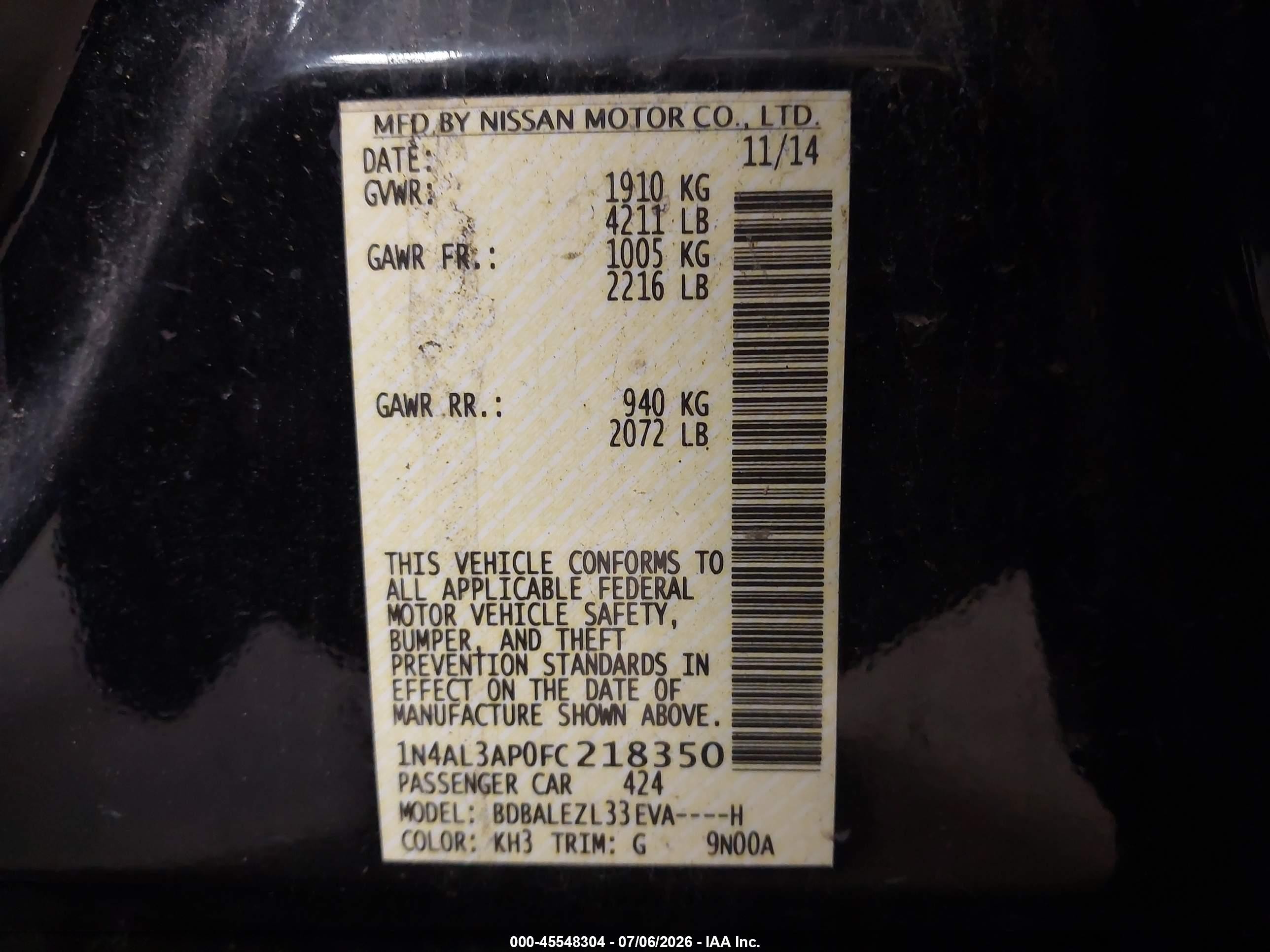 2015 Nissan Altima 2.5 S Black vin: 1N4AL3AP0FC218350