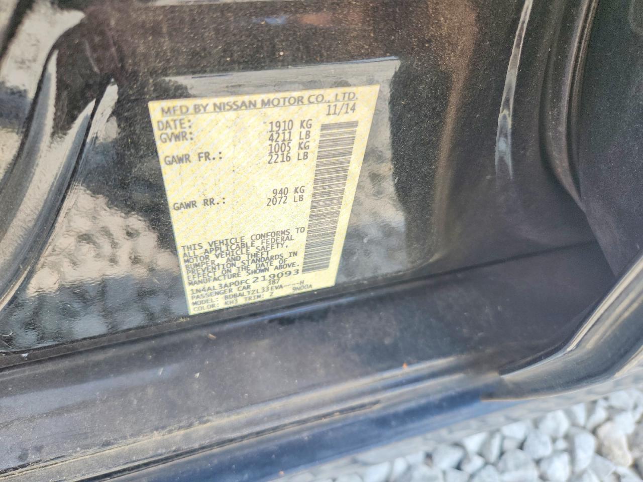 2015 Nissan Altima 2.5 Black vin: 1N4AL3AP0FC219093