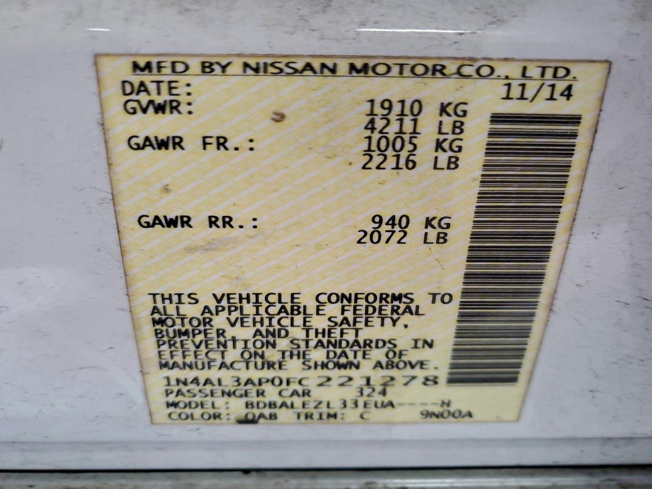 2015 Nissan Altima 2.5 White vin: 1N4AL3AP0FC221278