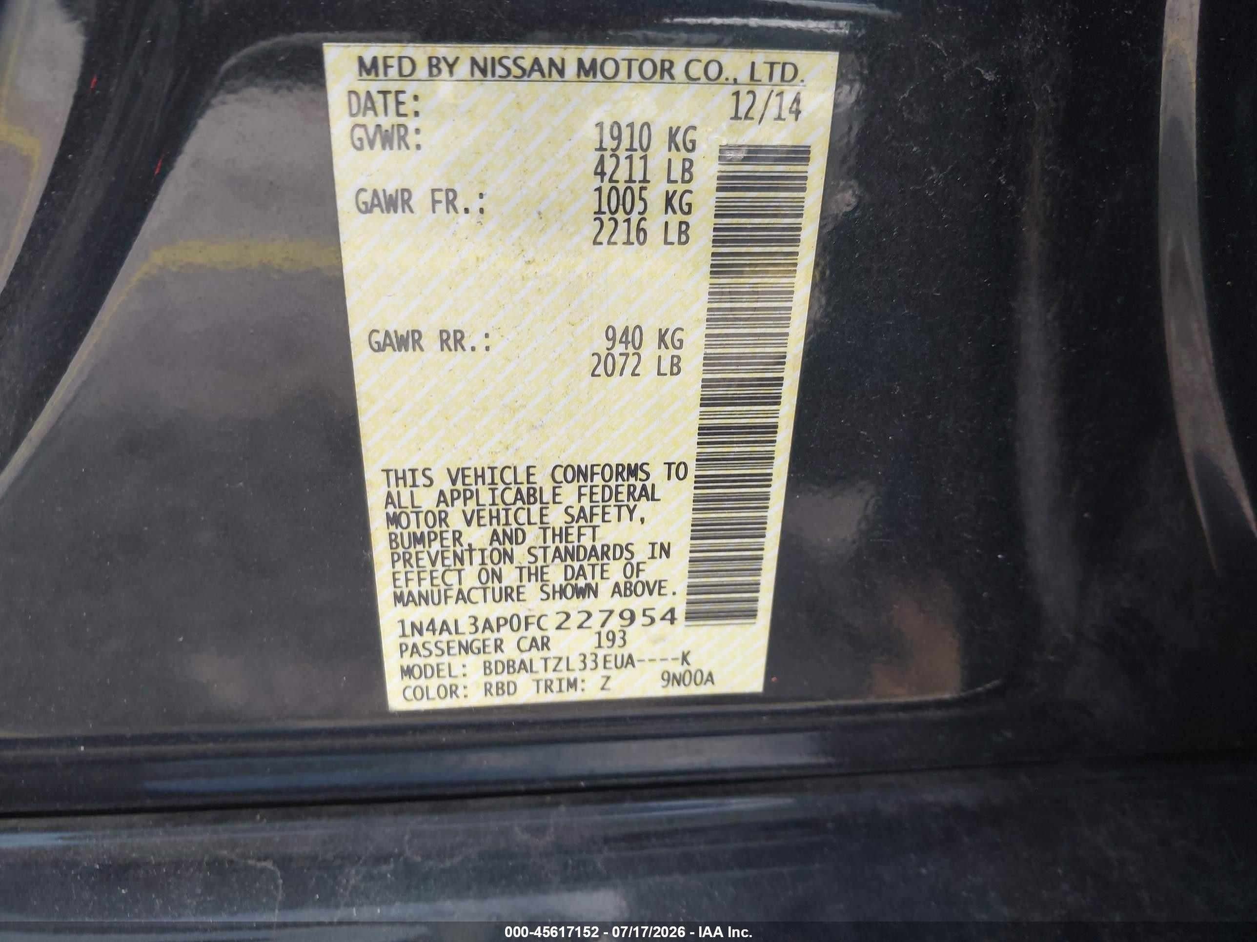 2015 Nissan Altima 2.5 Sl Black vin: 1N4AL3AP0FC227954
