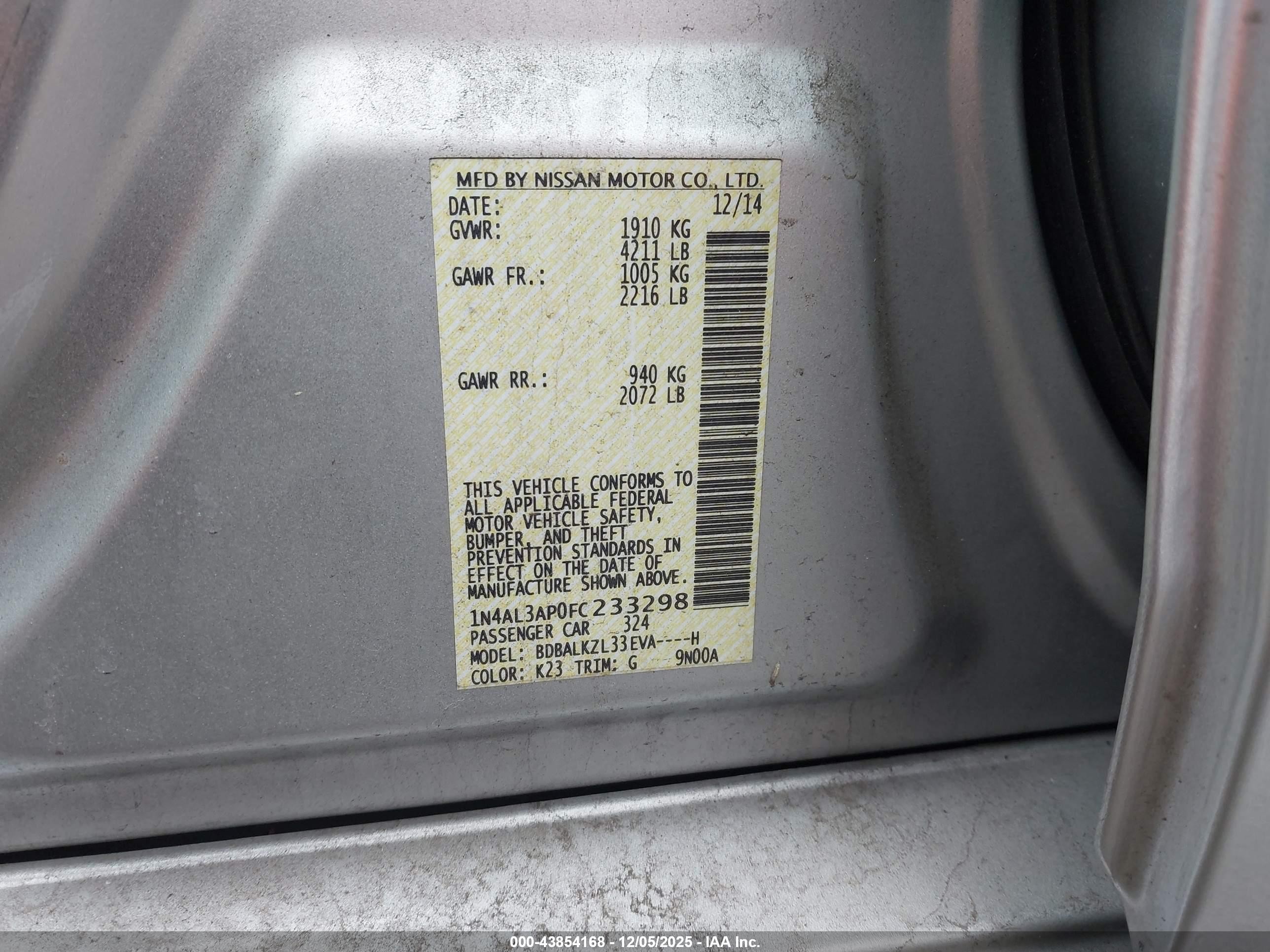 2015 Nissan Altima 2.5 Sv Серебряный vin: 1N4AL3AP0FC233298