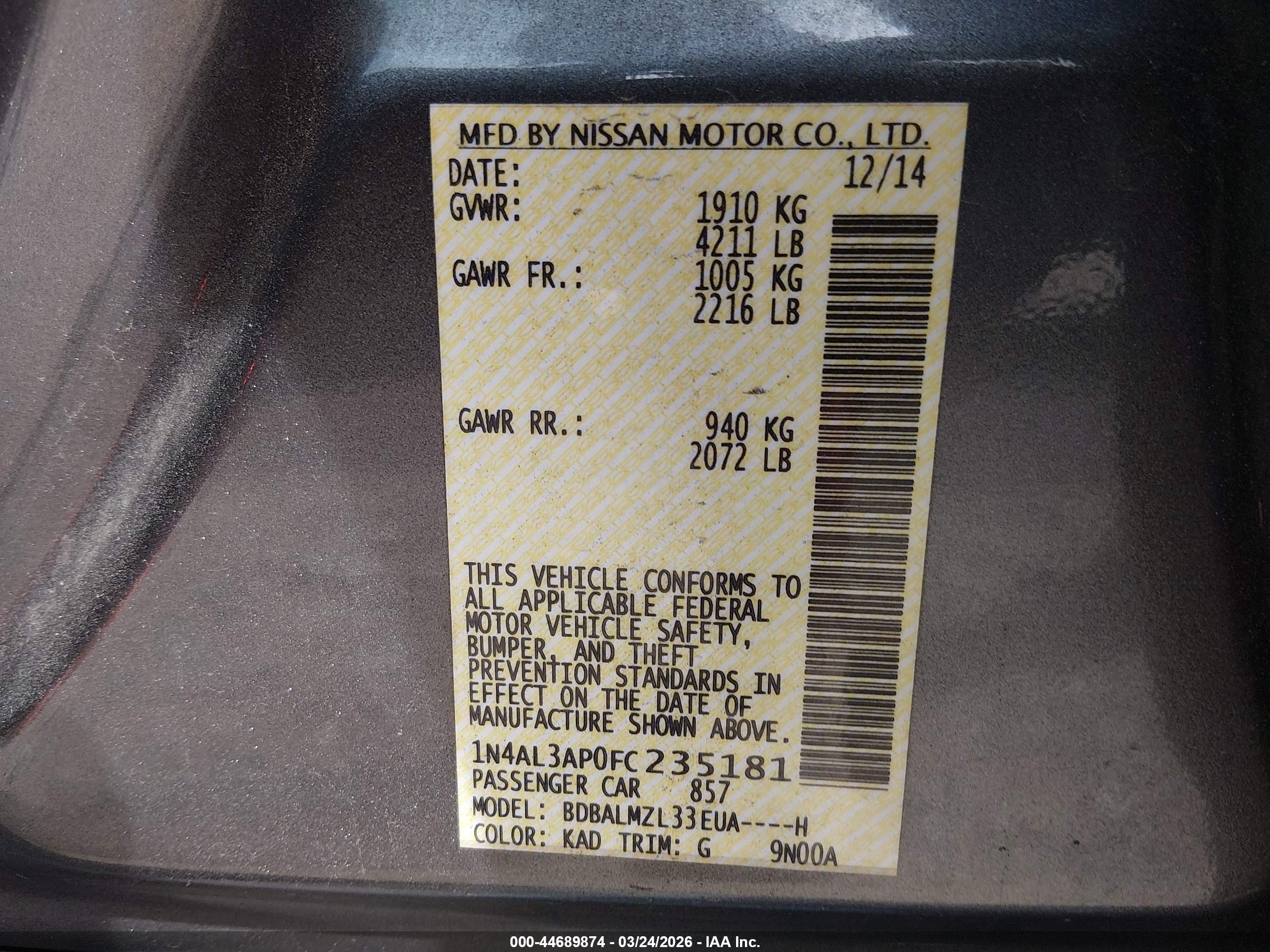 2015 Nissan Altima 2.5 Sv Gray vin: 1N4AL3AP0FC235181