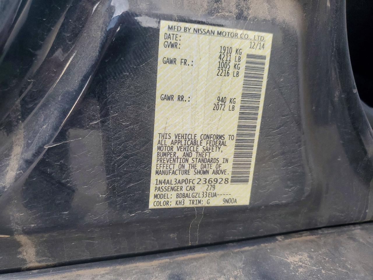 2015 Nissan Altima 2.5 Черный vin: 1N4AL3AP0FC236928
