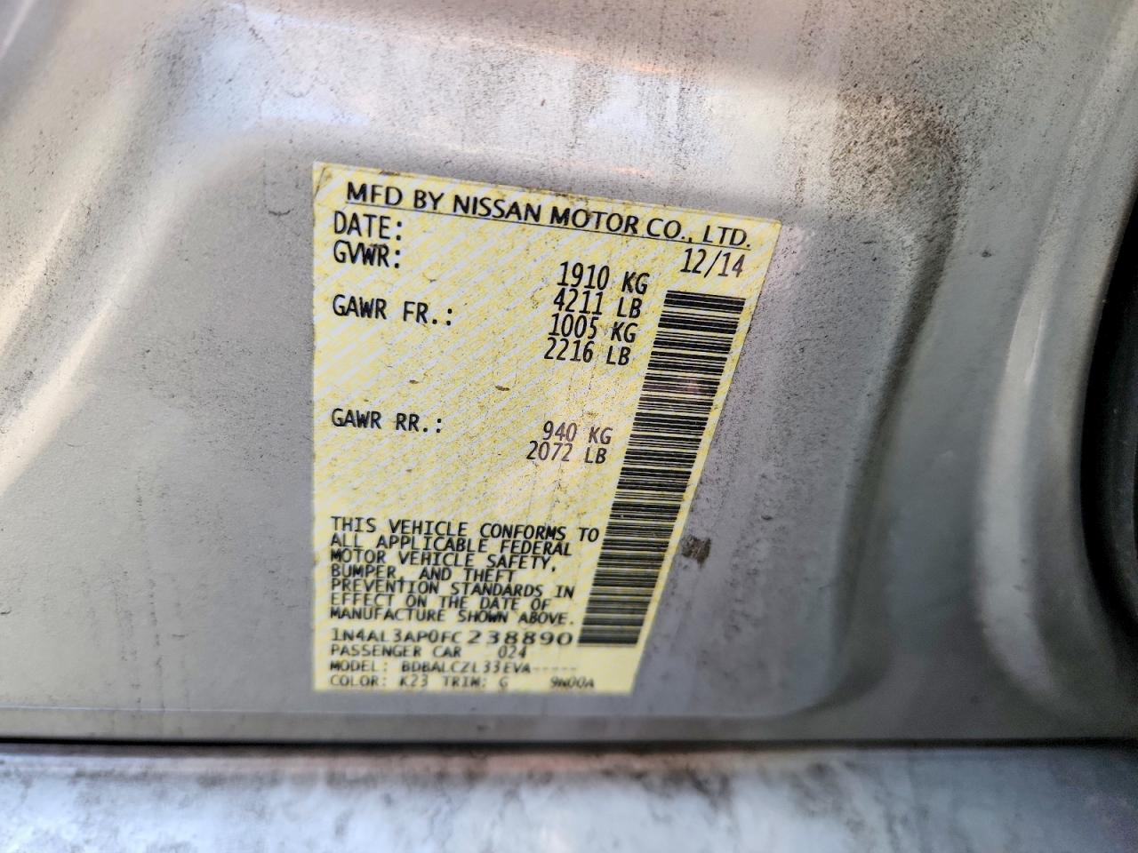 2015 Nissan Altima 2.5 S Silver vin: 1N4AL3AP0FC238890