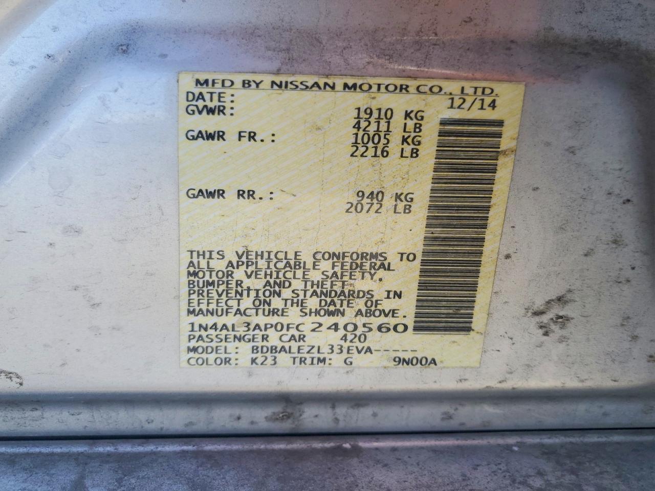 2015 Nissan Altima 2.5 S Silver vin: 1N4AL3AP0FC240560