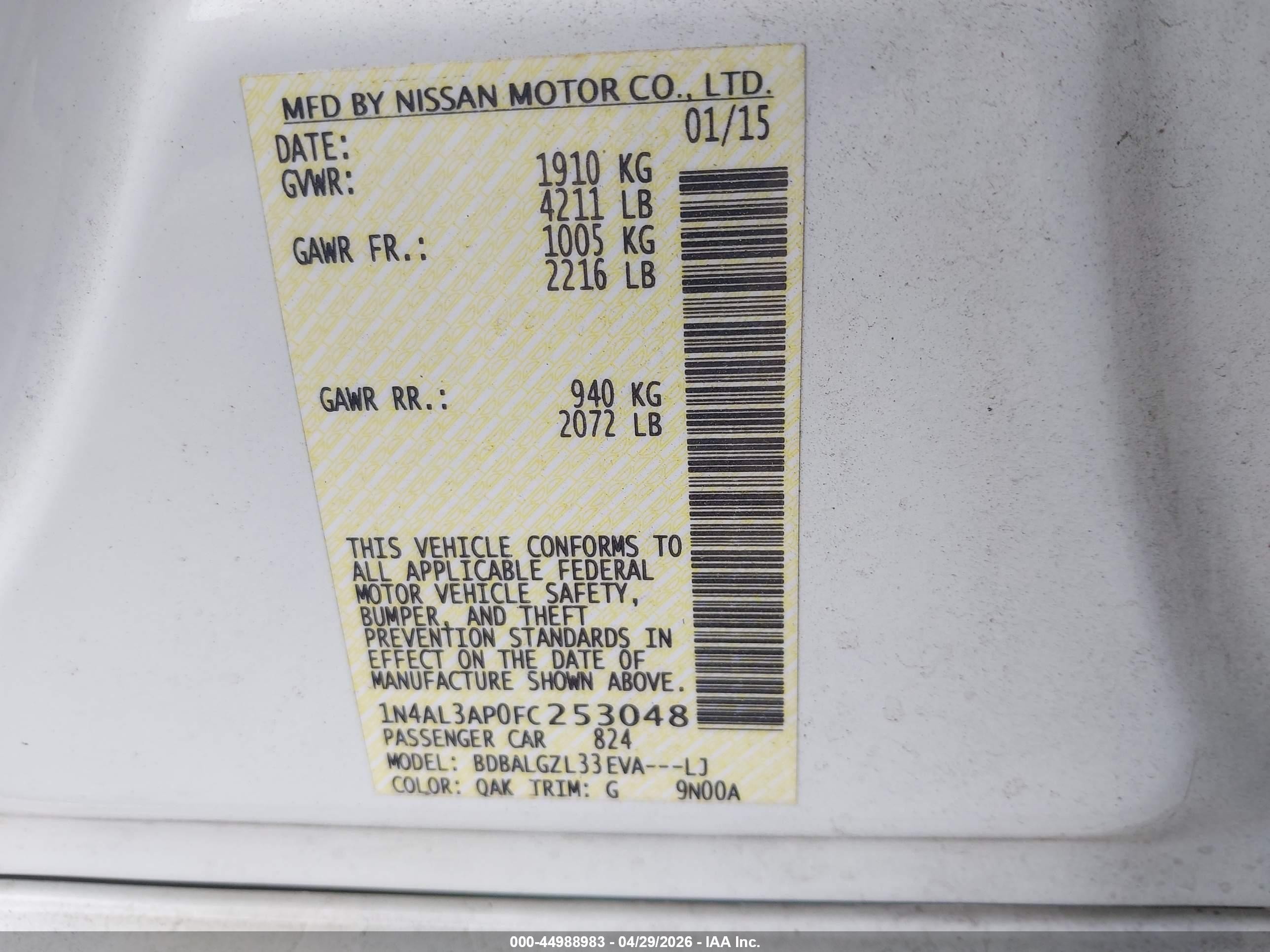 2015 Nissan Altima 2.5 S White vin: 1N4AL3AP0FC253048
