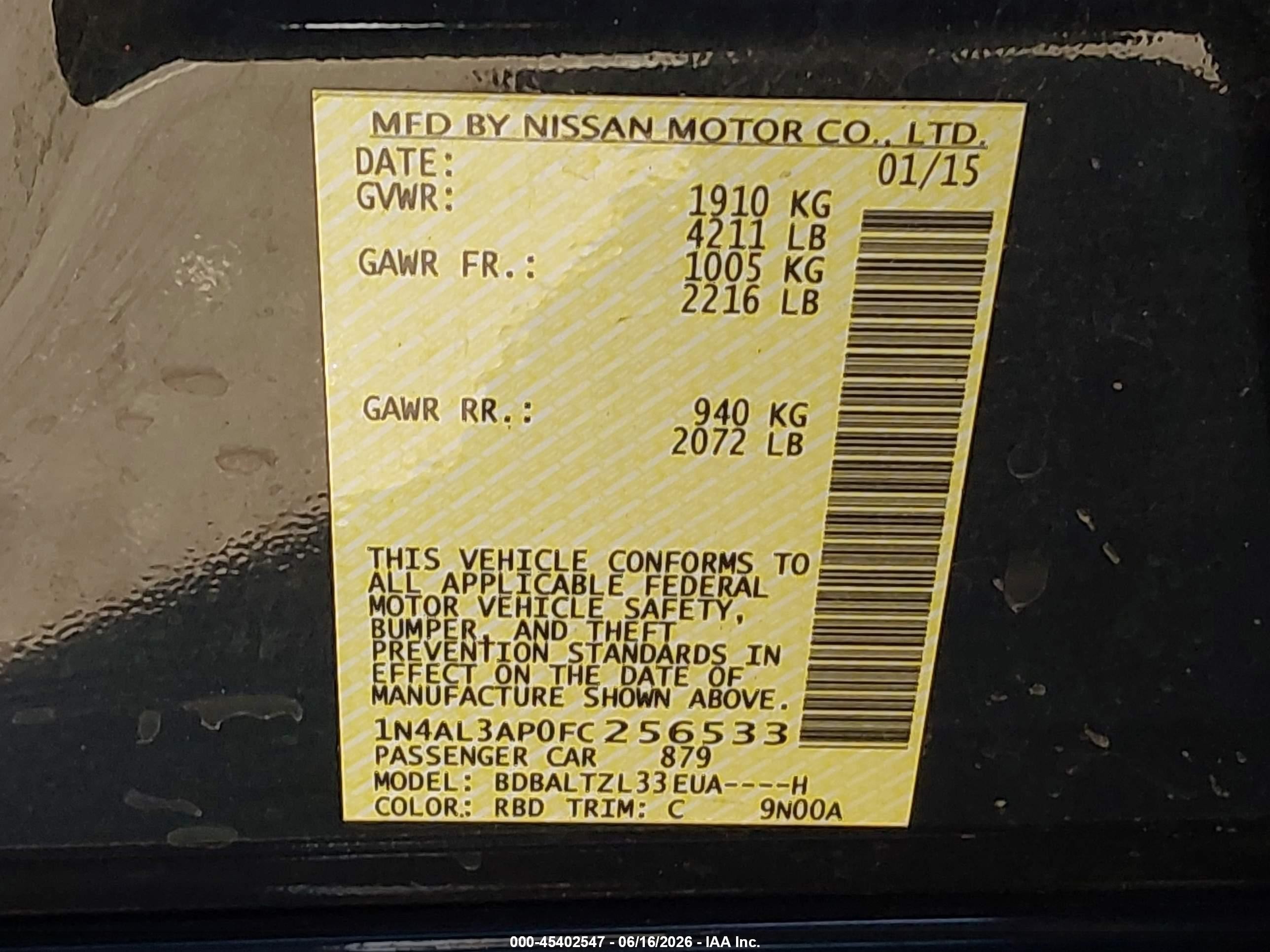 2015 Nissan Altima 2.5 Sl Gray vin: 1N4AL3AP0FC256533