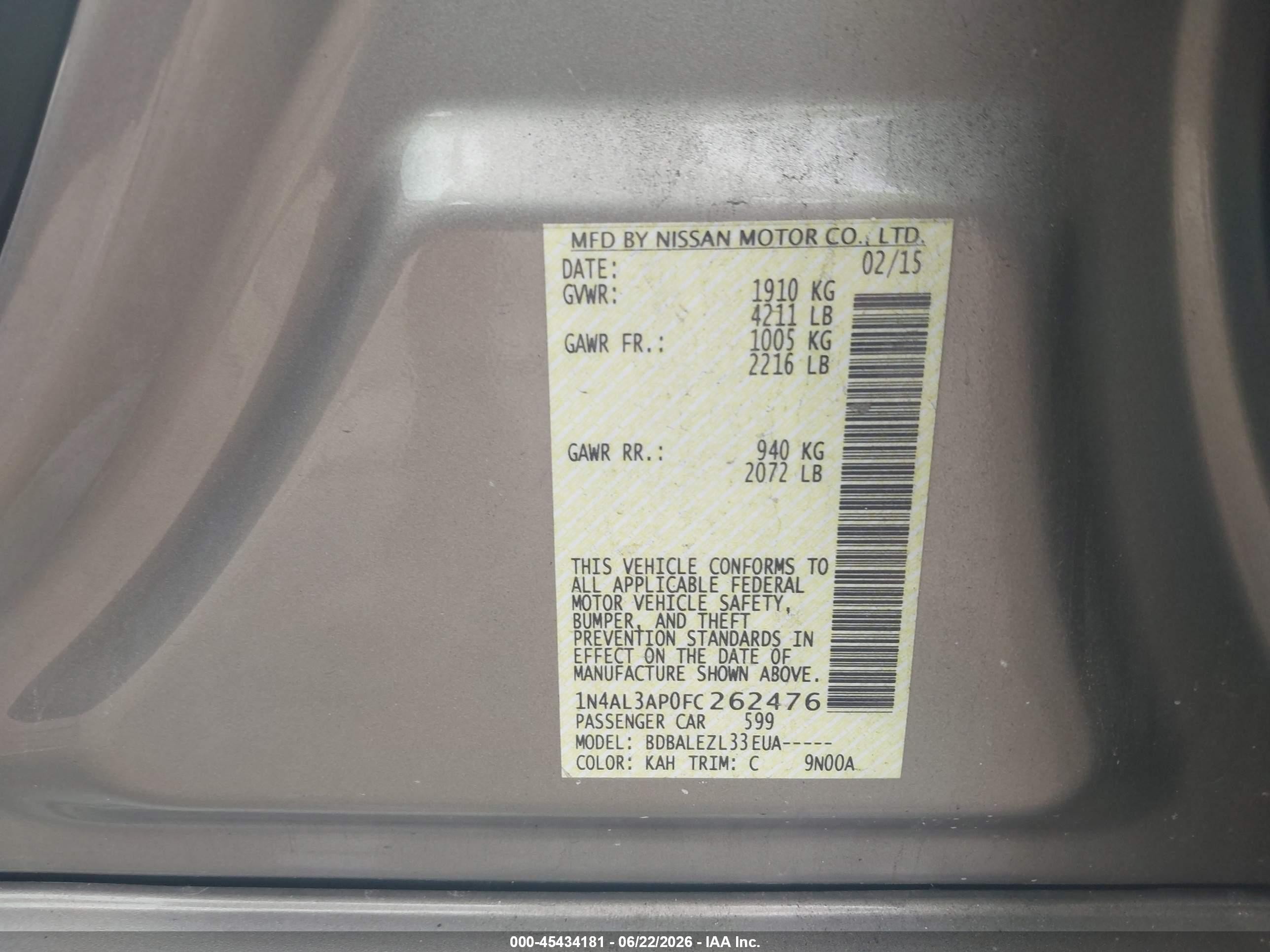 2015 Nissan Altima 2.5/2.5 S/2.5 Sl/2.5 Sv Gray vin: 1N4AL3AP0FC262476