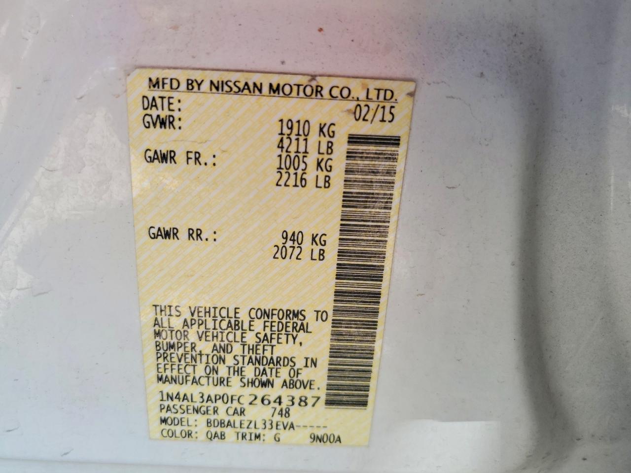 2015 Nissan Altima 2.5 S White vin: 1N4AL3AP0FC264387
