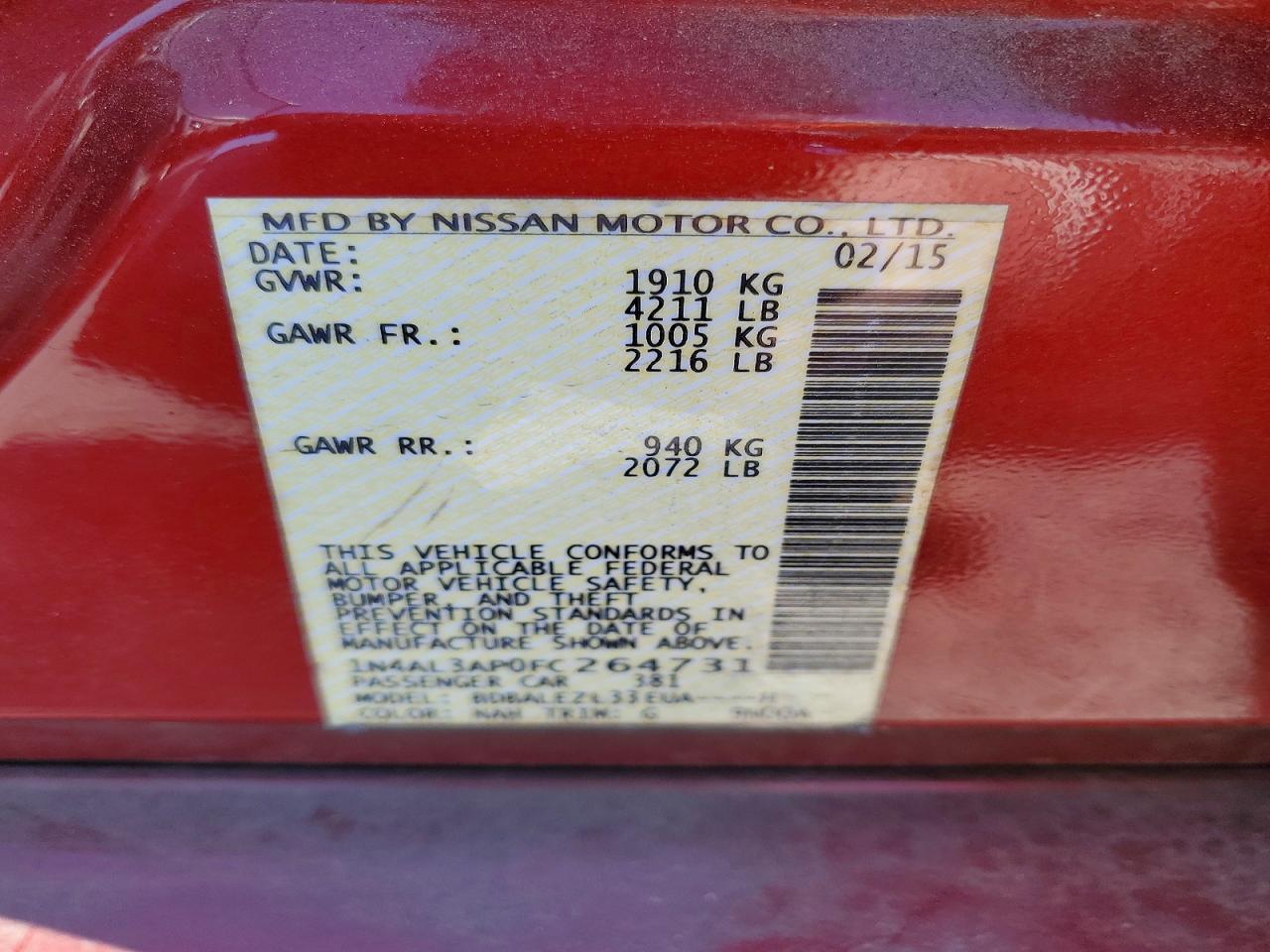 2015 Nissan Altima 2.5 S Red vin: 1N4AL3AP0FC264731