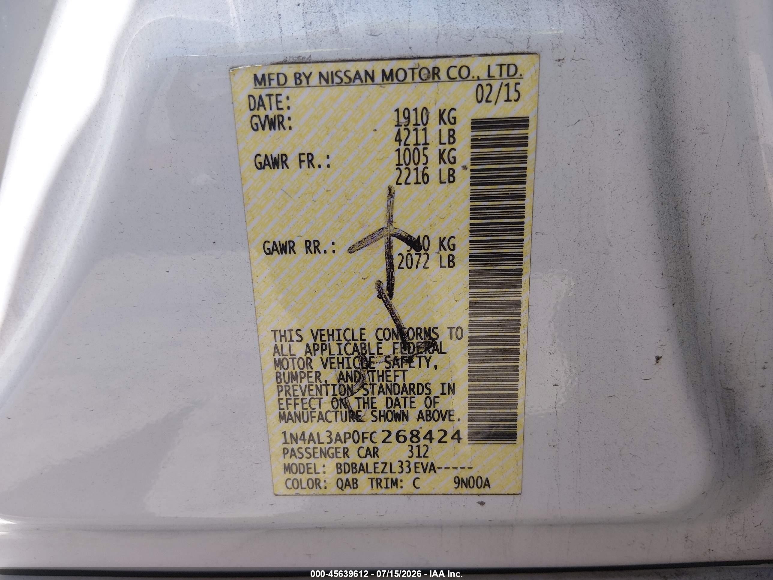 2015 Nissan Altima 2.5 S Белый vin: 1N4AL3AP0FC268424