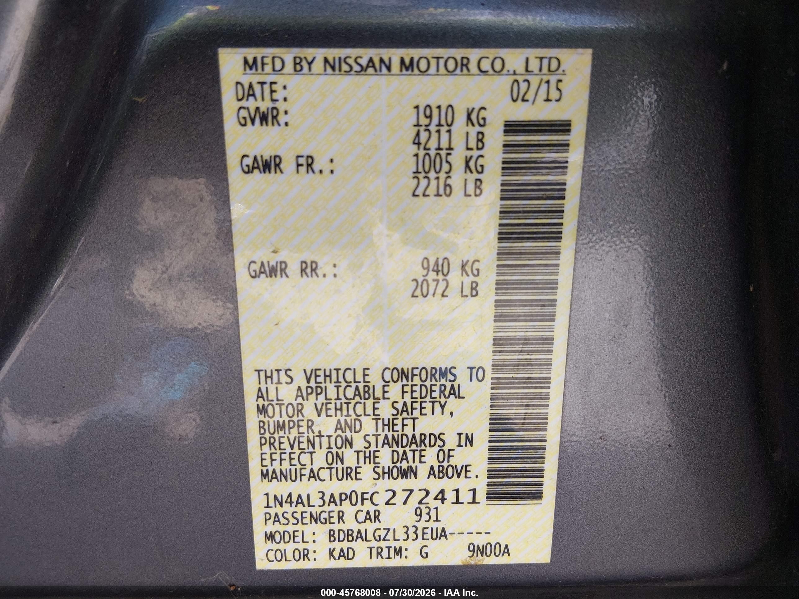 2015 Nissan Altima 2.5/2.5 S/2.5 Sl/2.5 Sv Gray vin: 1N4AL3AP0FC272411
