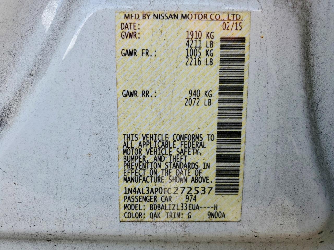 2015 Nissan Altima 2.5 Sv White vin: 1N4AL3AP0FC272537