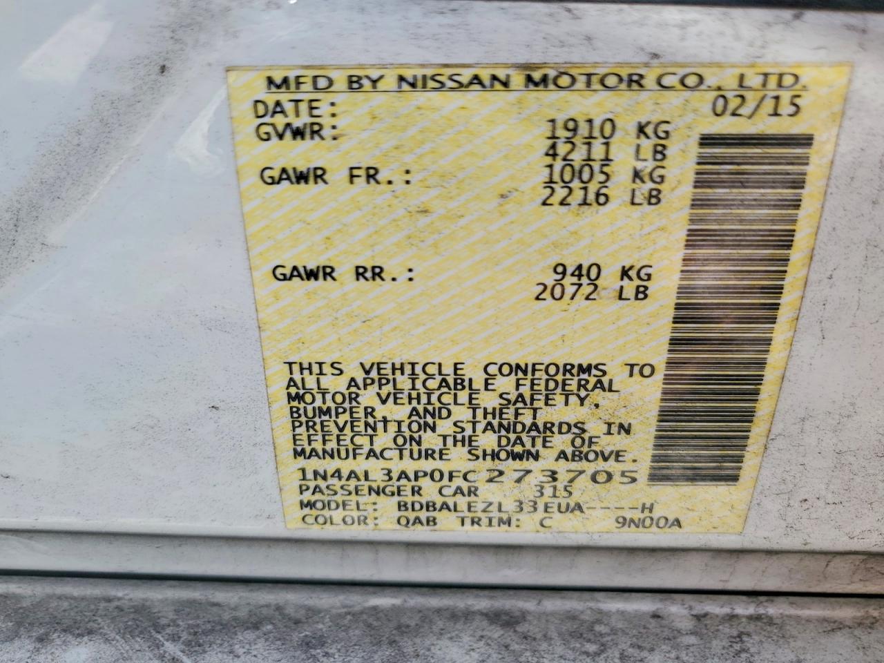 2015 Nissan Altima 2.5 S White vin: 1N4AL3AP0FC273705