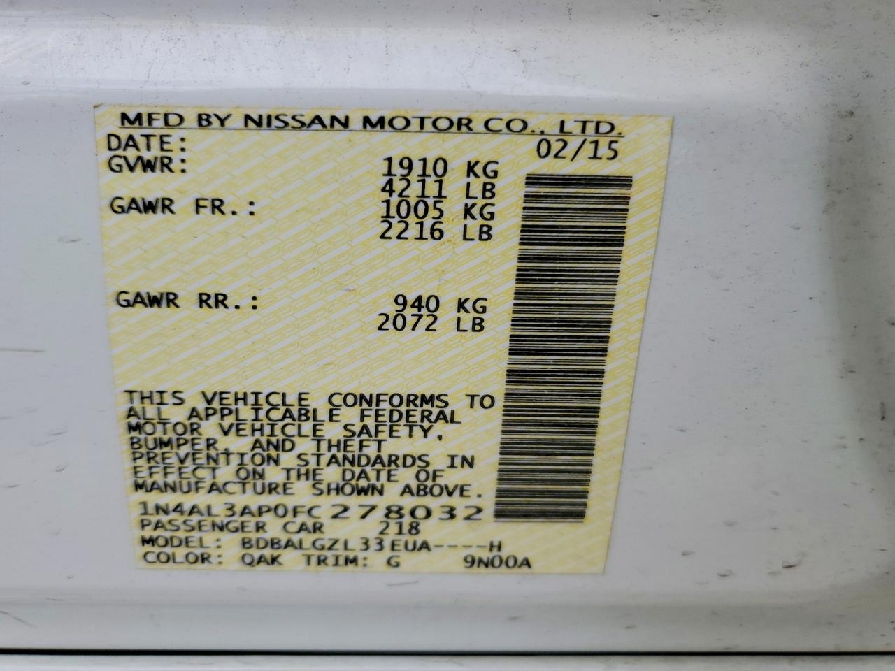 2015 Nissan Altima 2.5 S White vin: 1N4AL3AP0FC278032