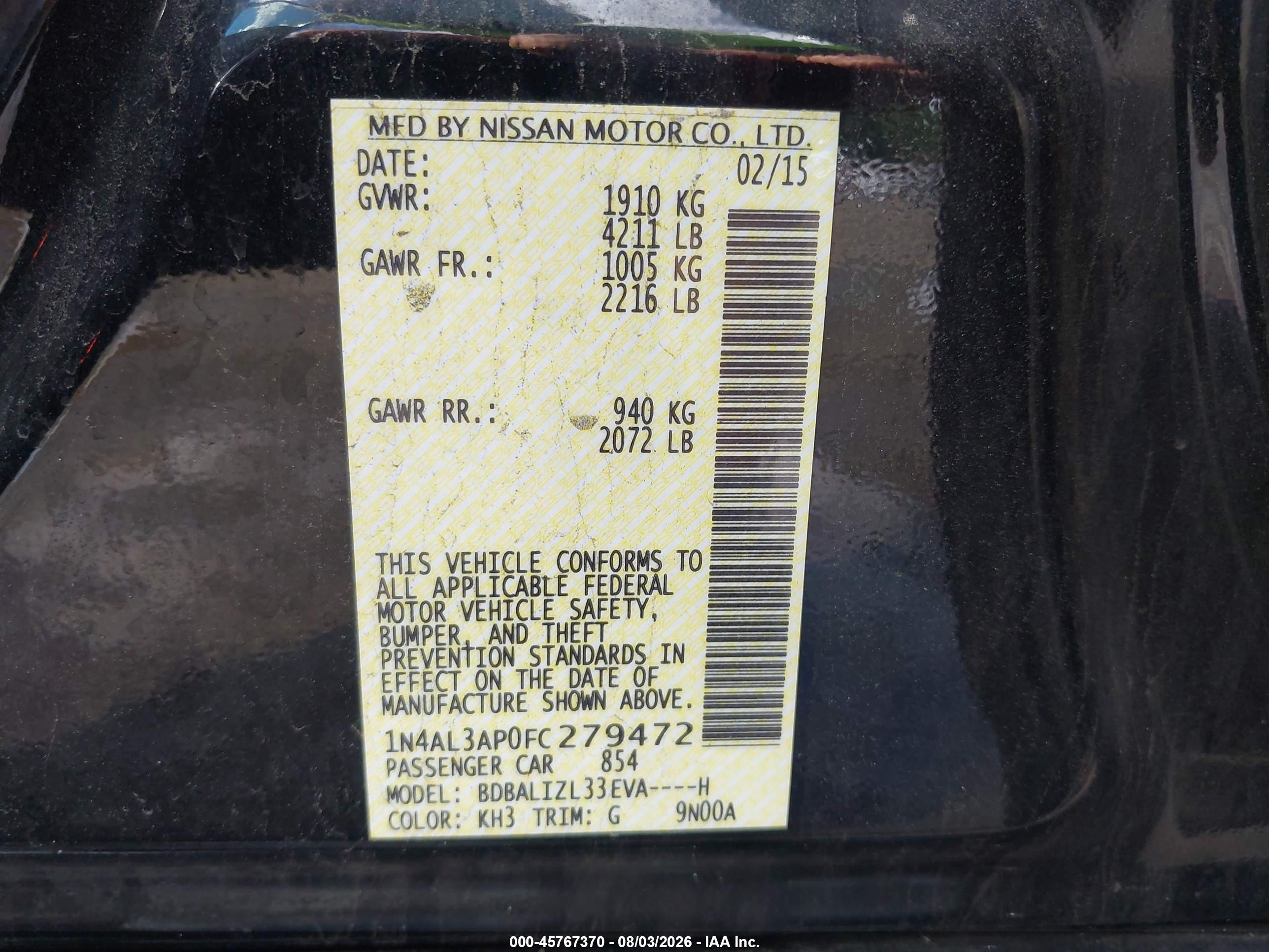 2015 Nissan Altima 2.5 Sv Black vin: 1N4AL3AP0FC279472