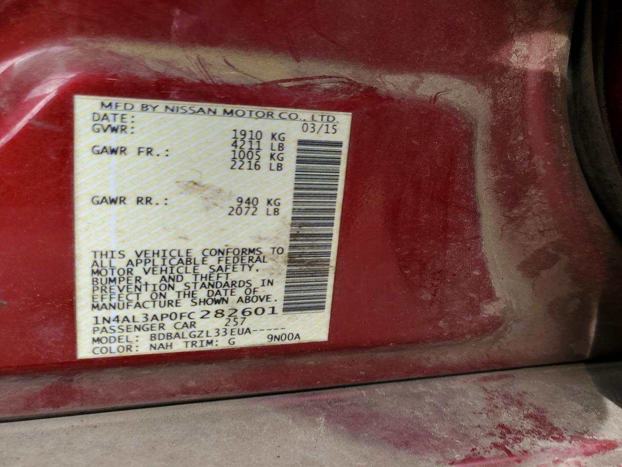2015 Nissan Altima 2.5 S Red vin: 1N4AL3AP0FC282601