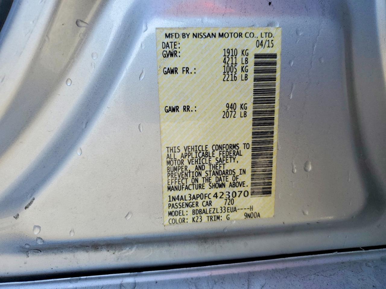 2015 Nissan Altima 2.5 S Silver vin: 1N4AL3AP0FC423070