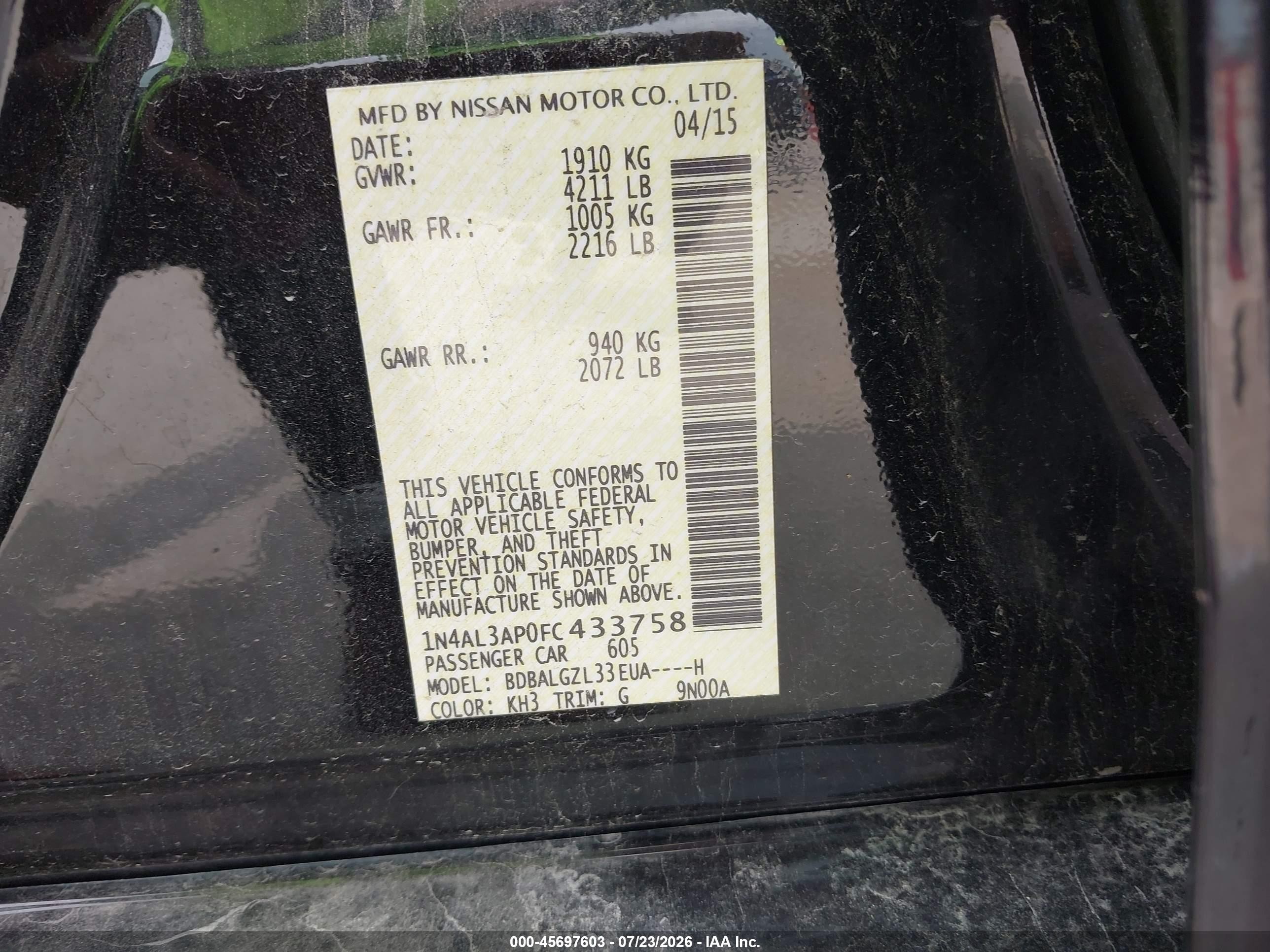 2015 Nissan Altima 2.5 S Black vin: 1N4AL3AP0FC433758