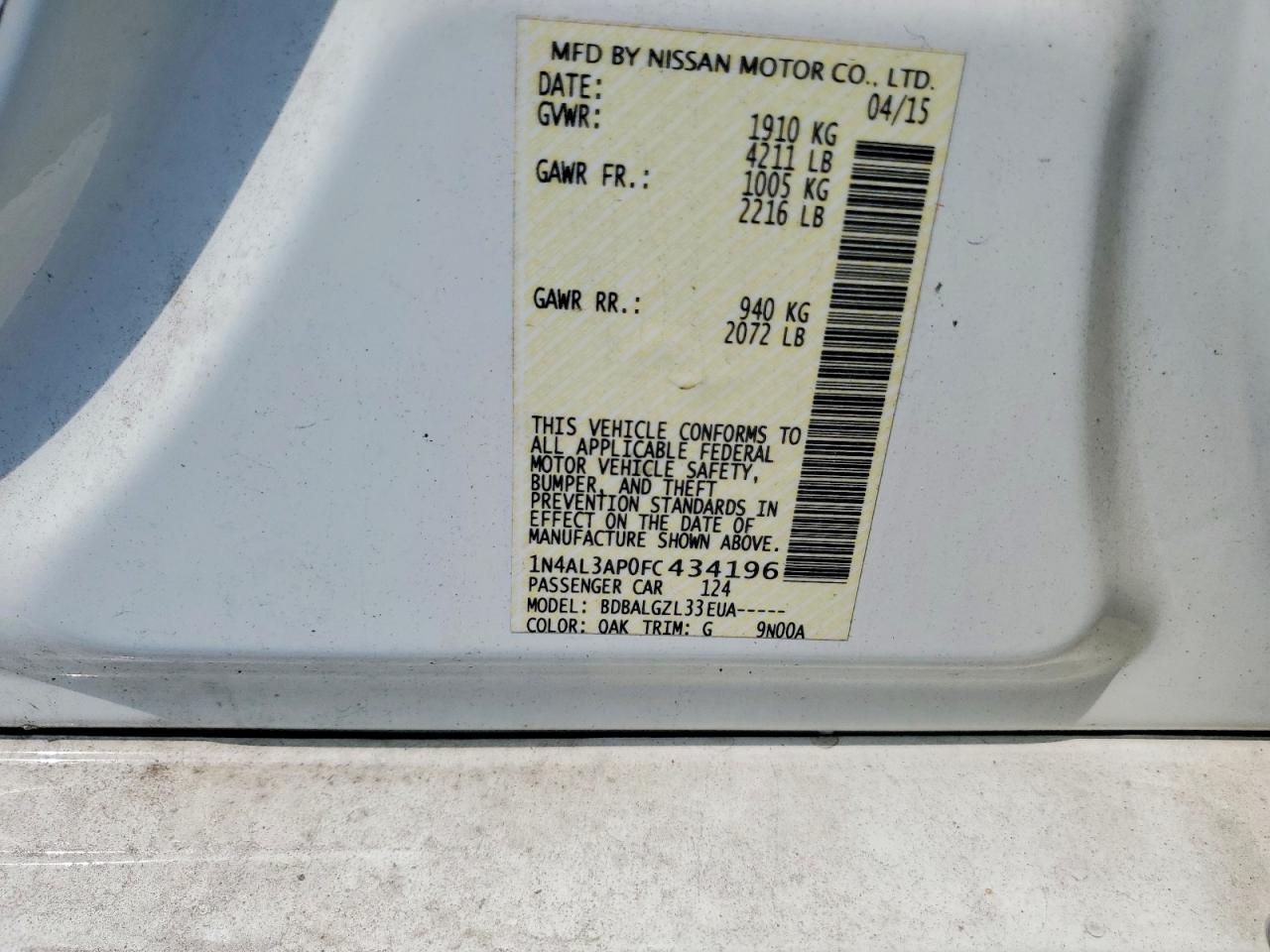2015 Nissan Altima 2.5 S White vin: 1N4AL3AP0FC434196