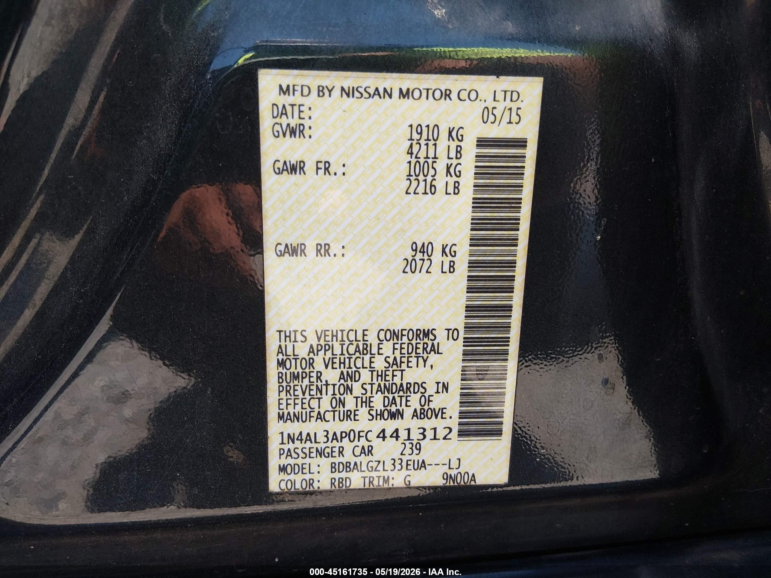 2015 Nissan Altima 2.5 S Black vin: 1N4AL3AP0FC441312