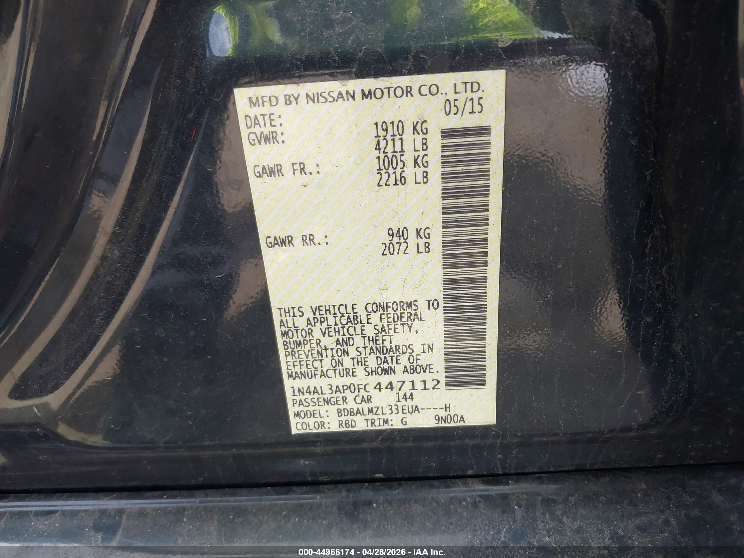 2015 Nissan Altima 2.5 Sv Black vin: 1N4AL3AP0FC447112