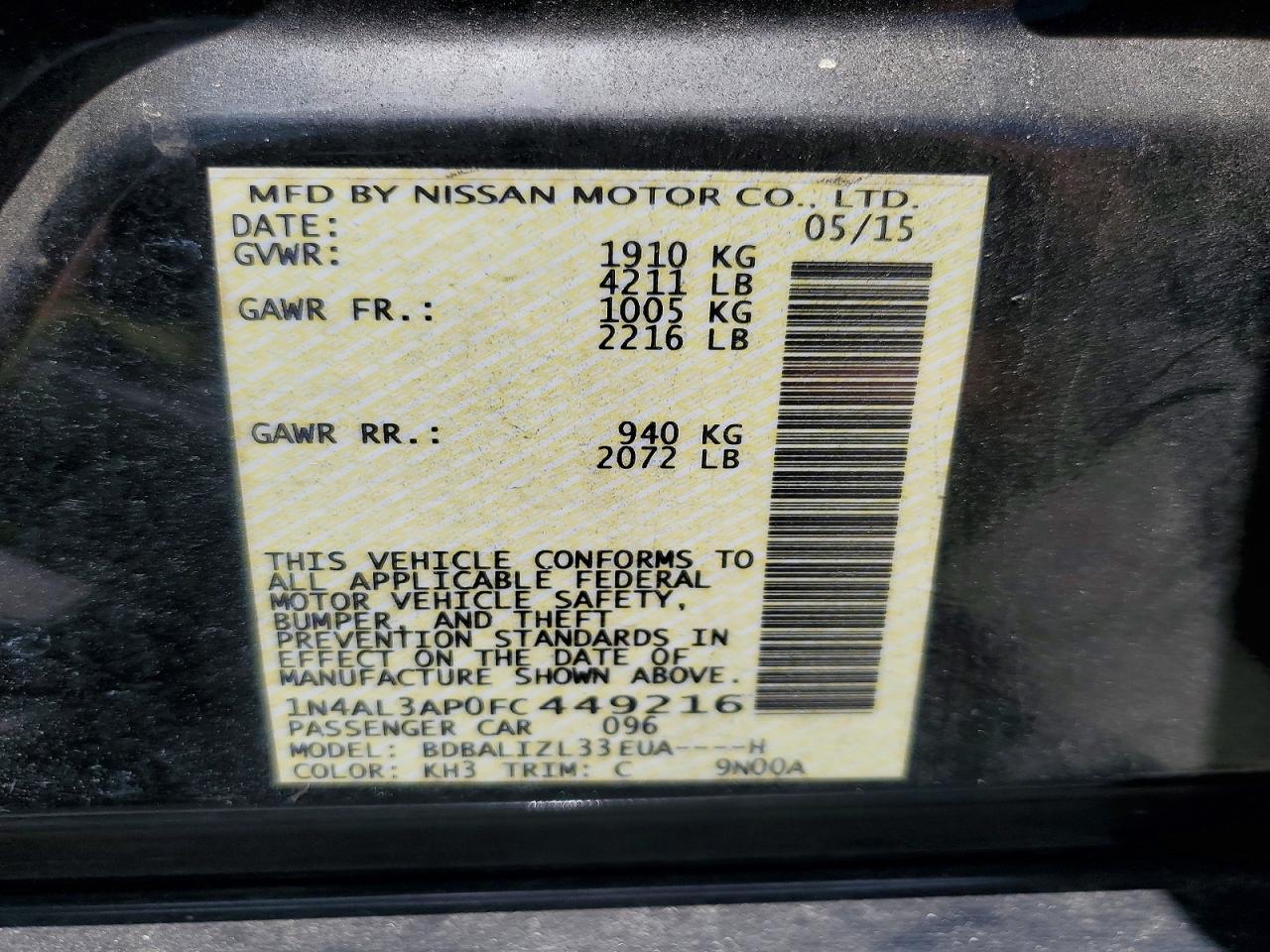 2015 Nissan Altima 2.5 Sv Black vin: 1N4AL3AP0FC449216