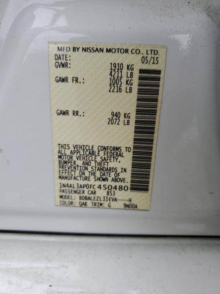 2015 Nissan Altima 2.5 White vin: 1N4AL3AP0FC450480