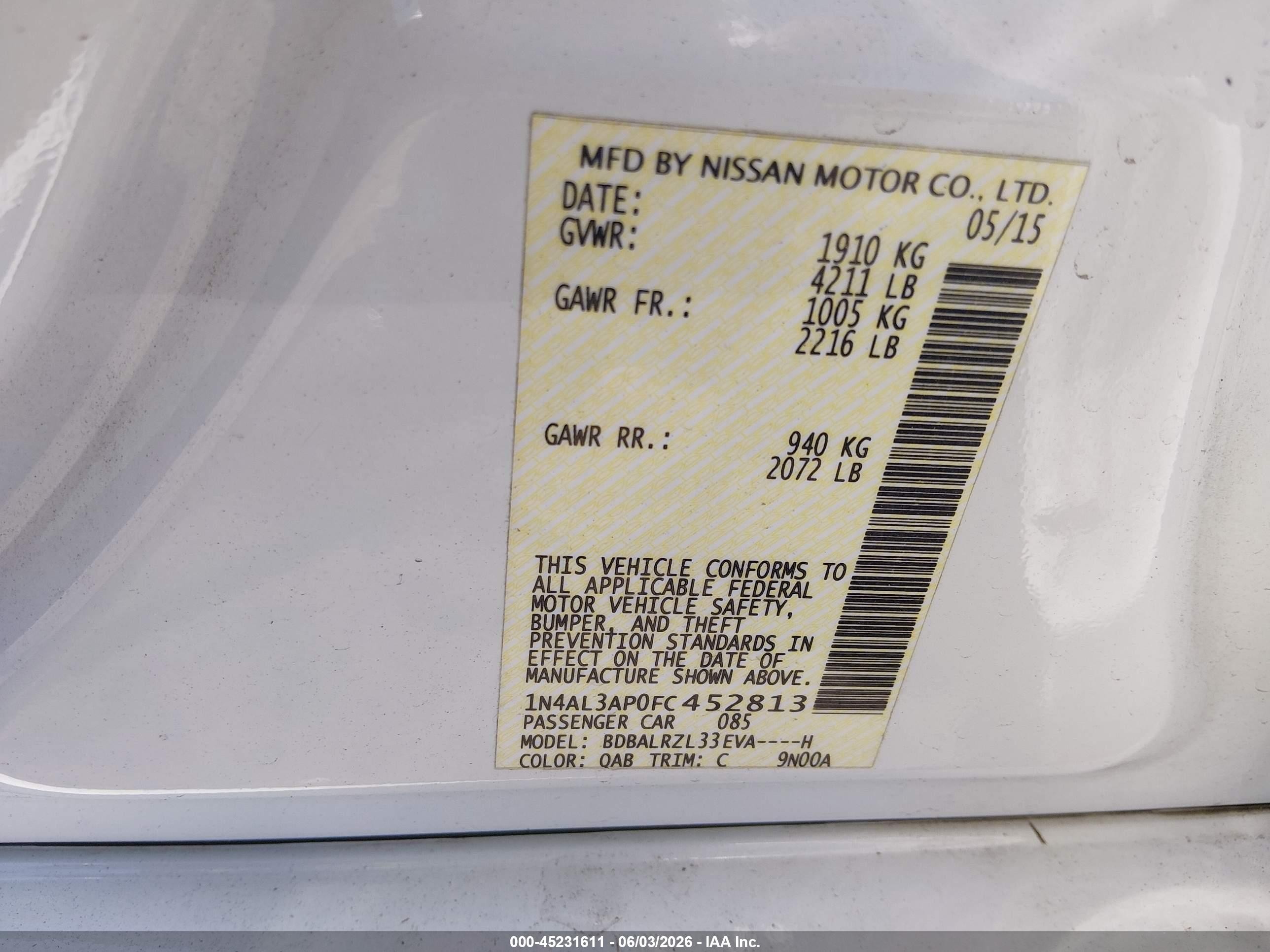 2015 Nissan Altima 2.5 Sl White vin: 1N4AL3AP0FC452813
