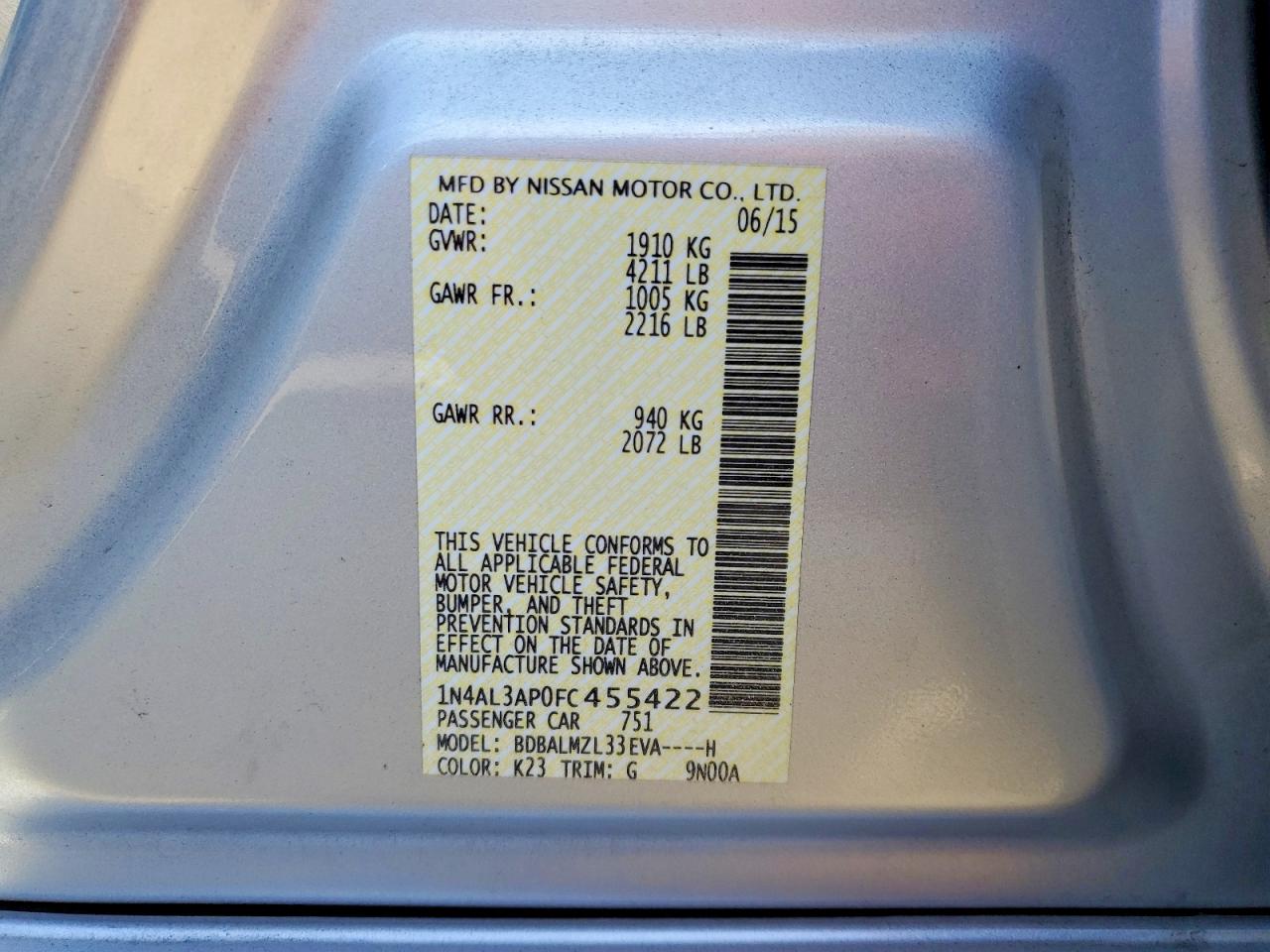 2015 Nissan Altima 2.5 Sv Silver vin: 1N4AL3AP0FC455422