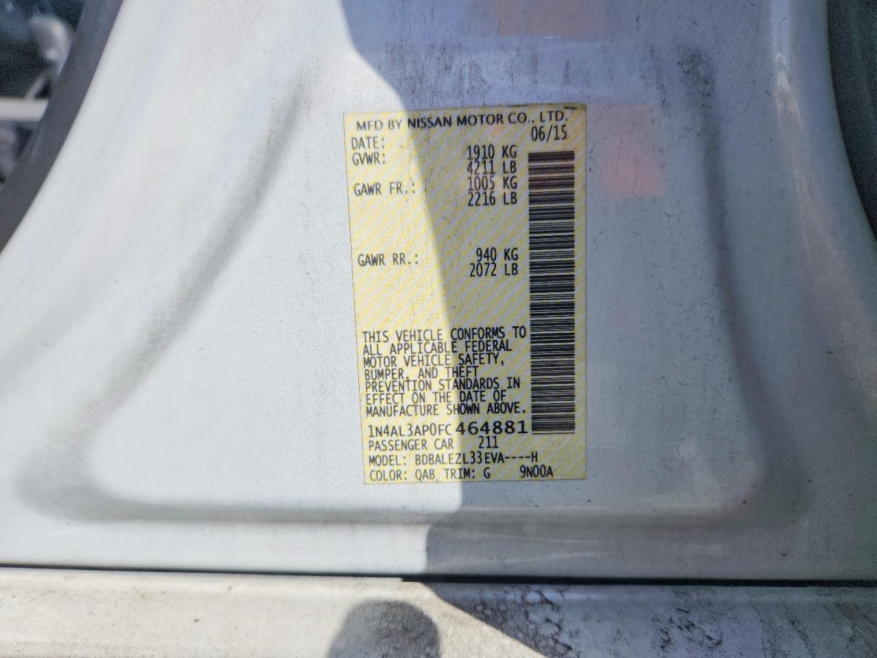 2015 Nissan Altima 2.5 White vin: 1N4AL3AP0FC464881