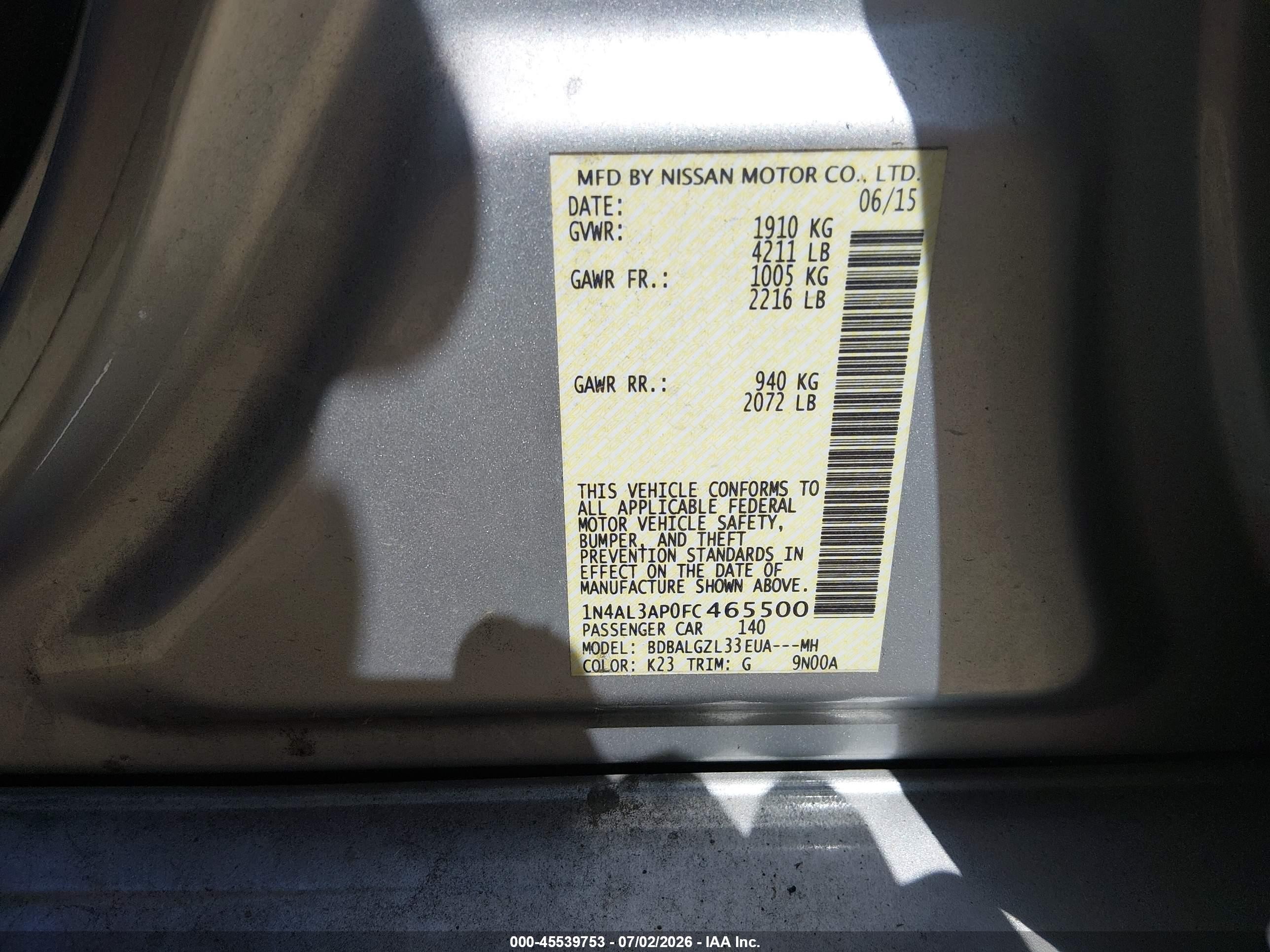 2015 Nissan Altima 2.5 S Silver vin: 1N4AL3AP0FC465500