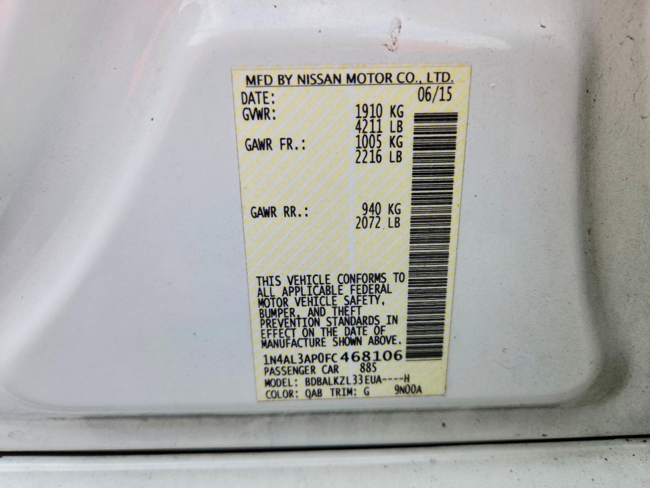 2015 Nissan Altima 2.5 Sv White vin: 1N4AL3AP0FC468106