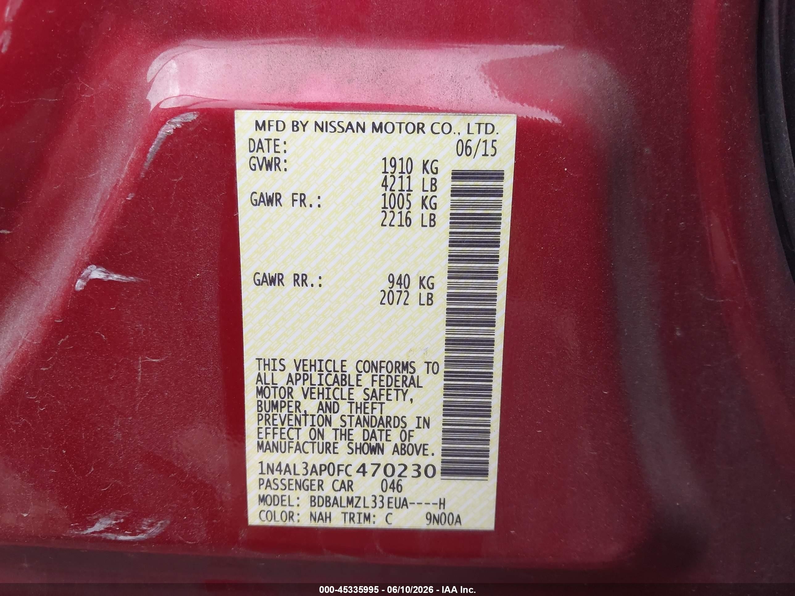 2015 Nissan Altima 2.5 Sv Red vin: 1N4AL3AP0FC470230