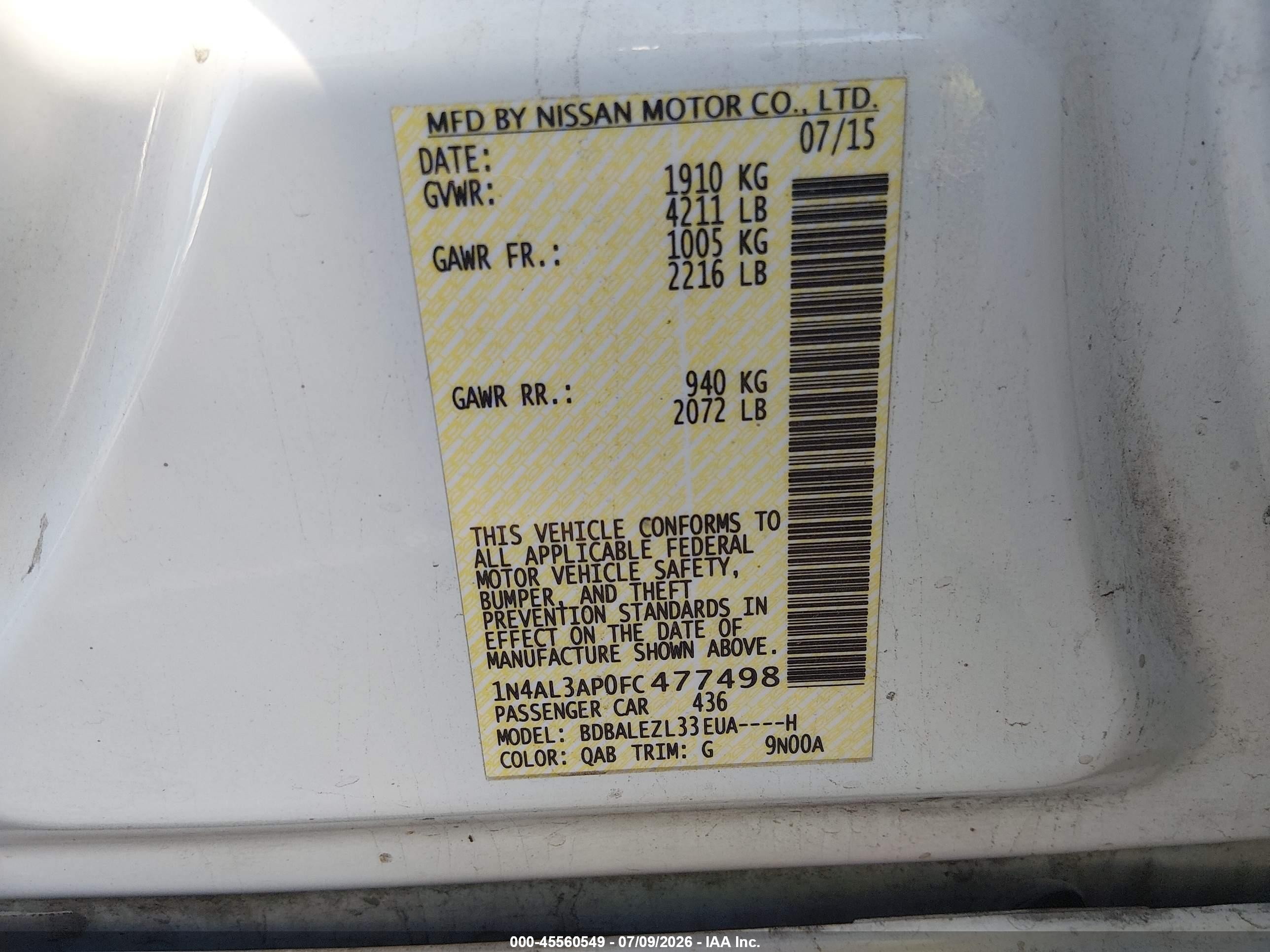 2015 Nissan Altima 2.5 S White vin: 1N4AL3AP0FC477498
