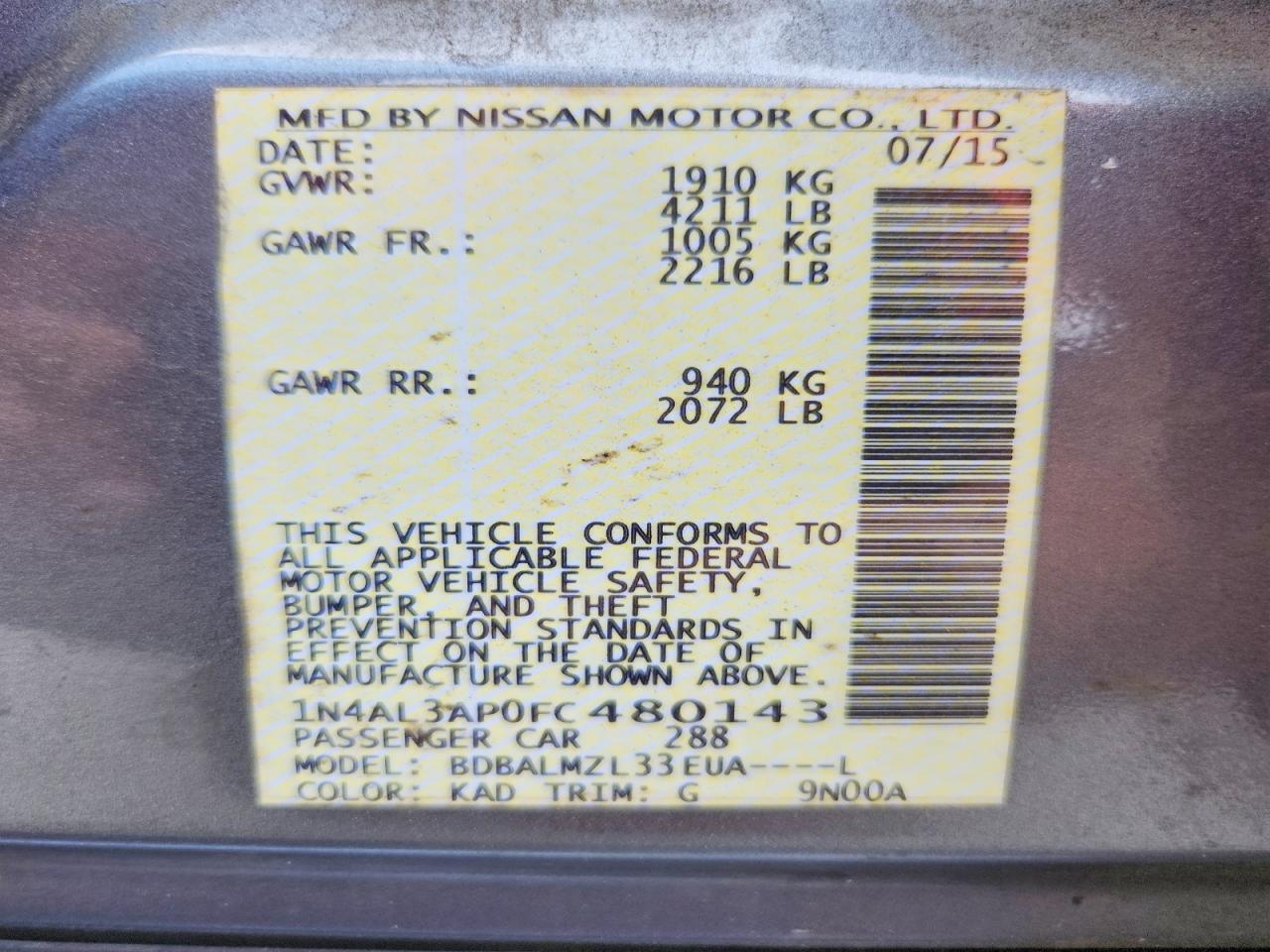 2015 Nissan Altima 2.5 Sv Gray vin: 1N4AL3AP0FC480143
