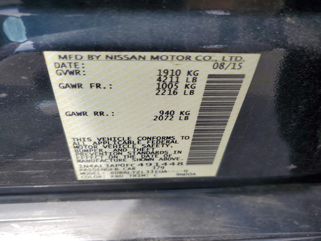 2015 Nissan Altima 2.5 Sl Black vin: 1N4AL3AP0FC491448