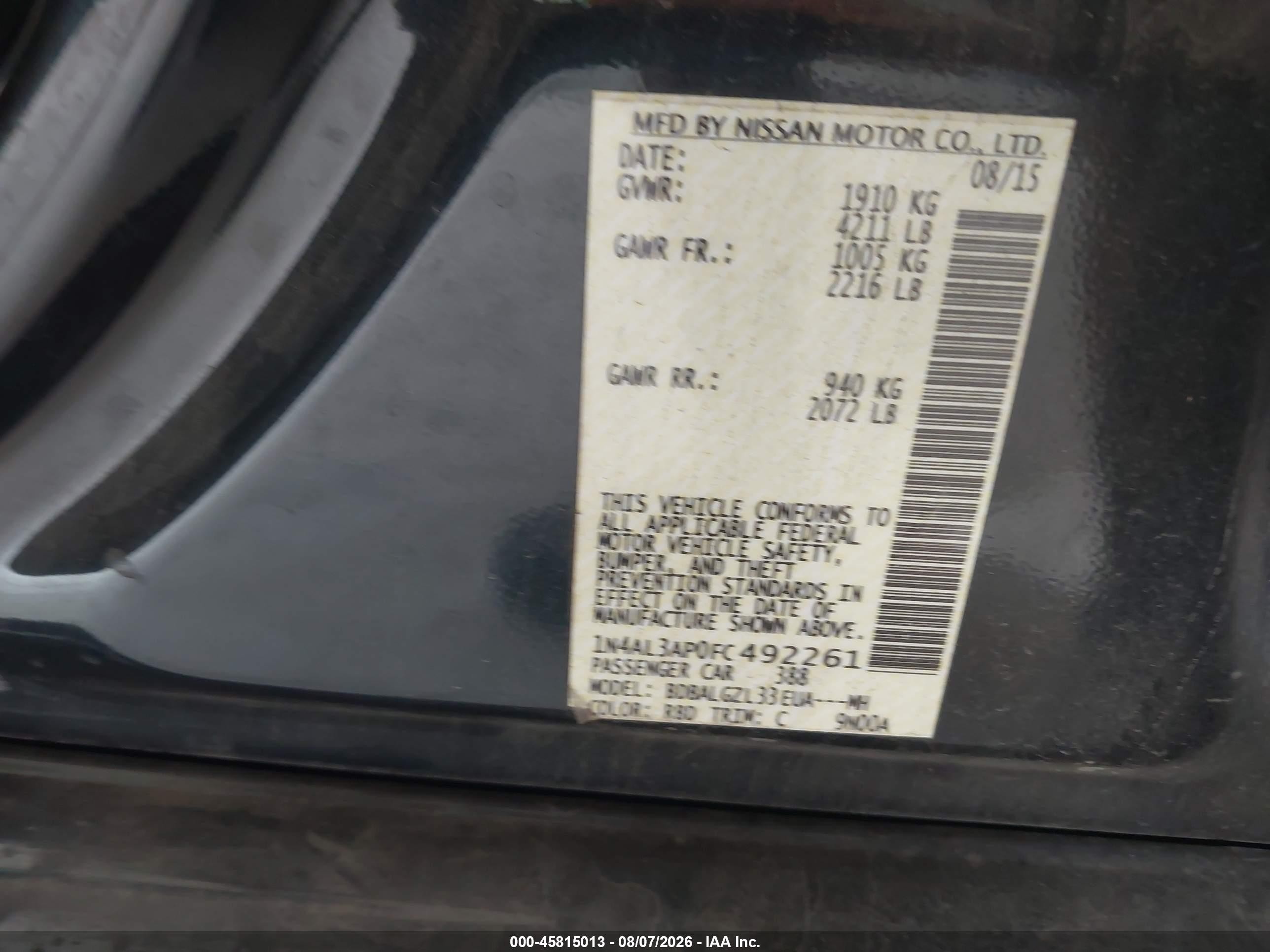 2015 Nissan Altima 2.5 S Black vin: 1N4AL3AP0FC492261