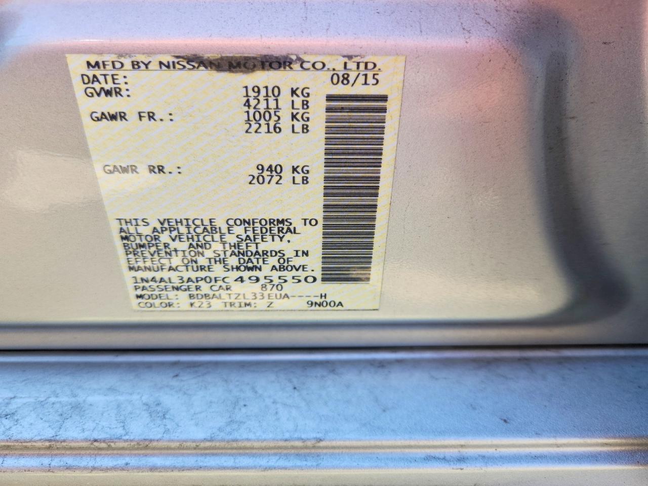 2015 Nissan Altima 2.5 Sl Silver vin: 1N4AL3AP0FC495550