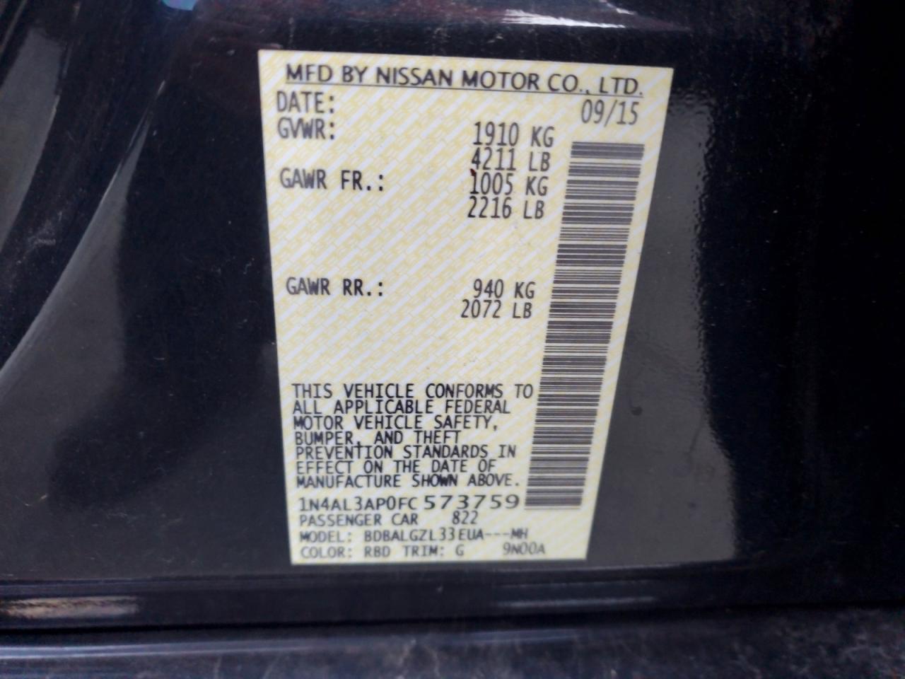 2015 Nissan Altima 2.5 S Black vin: 1N4AL3AP0FC573759
