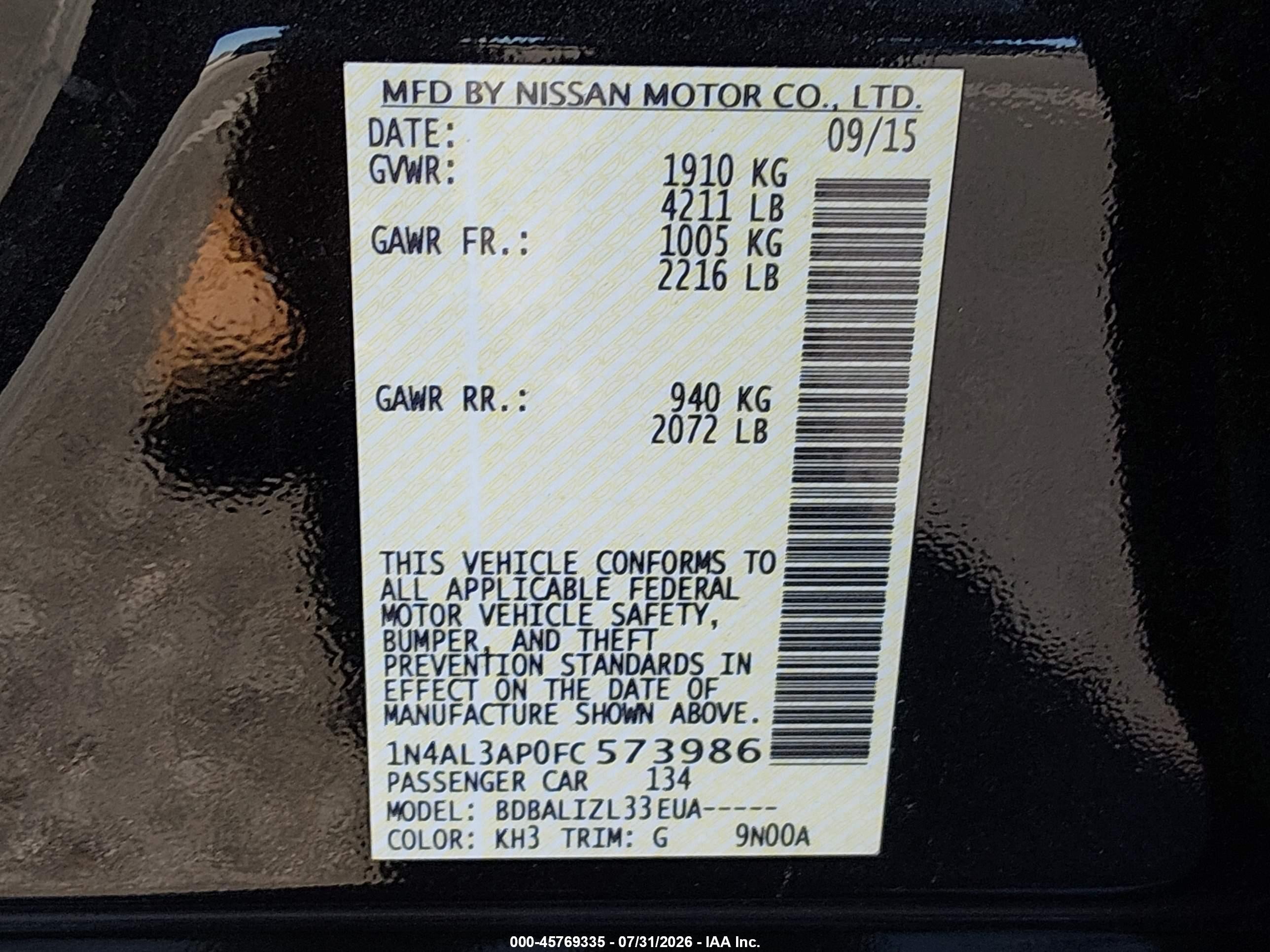 2015 Nissan Altima 2.5 Sv Black vin: 1N4AL3AP0FC573986