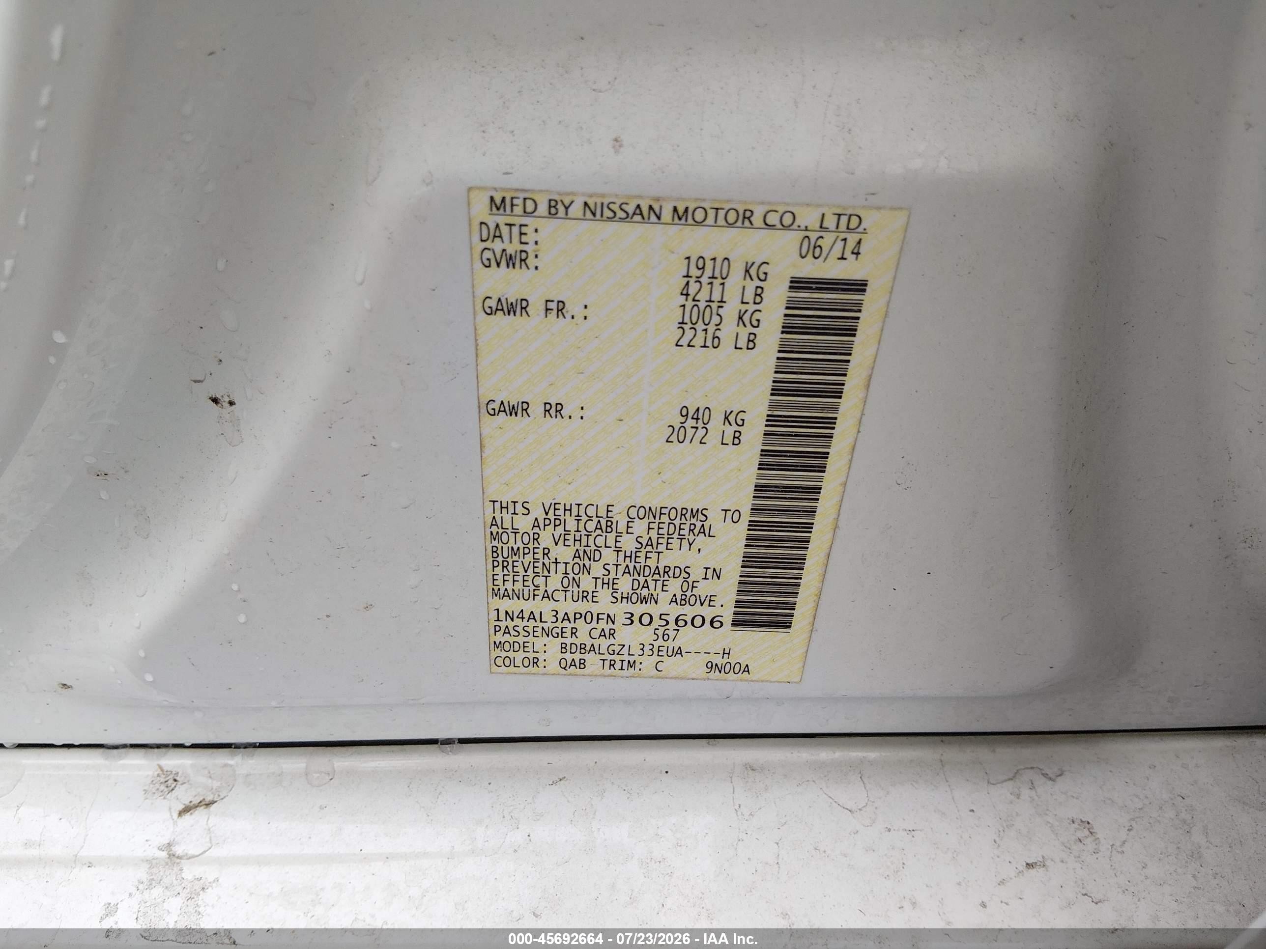 2015 Nissan Altima 2.5 S White vin: 1N4AL3AP0FN305606