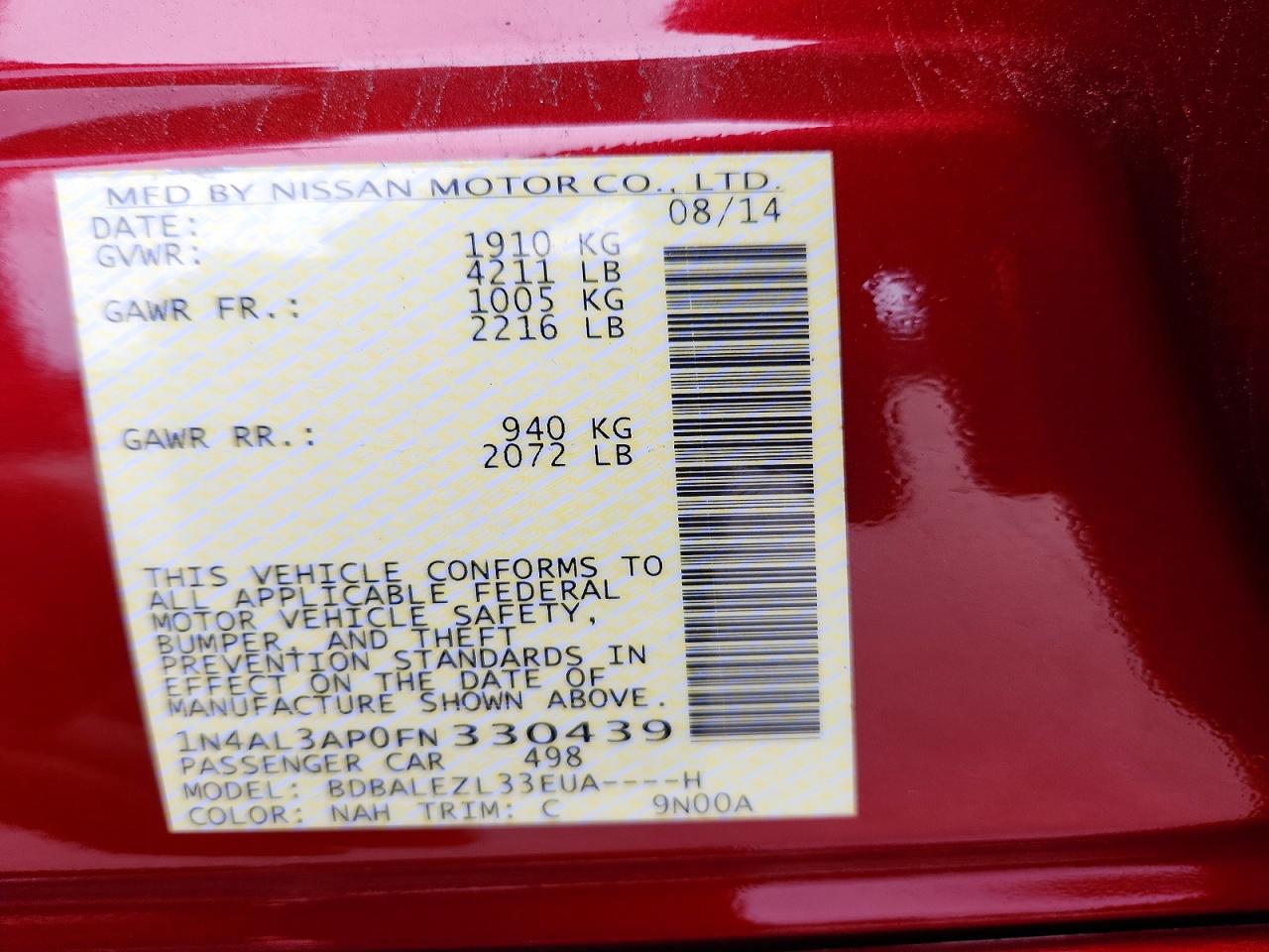 2015 Nissan Altima 2.5 S Red vin: 1N4AL3AP0FN330439