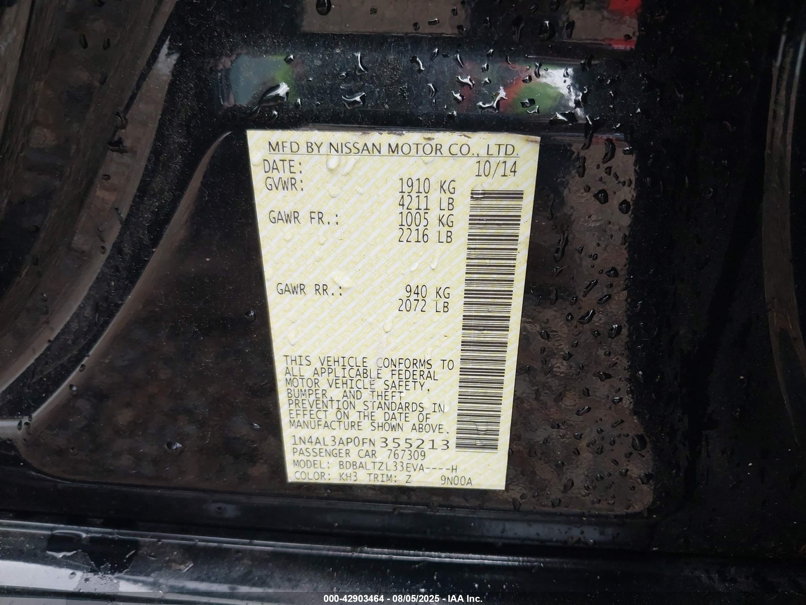 2015 Nissan Altima 2.5 Sl Черный vin: 1N4AL3AP0FN355213
