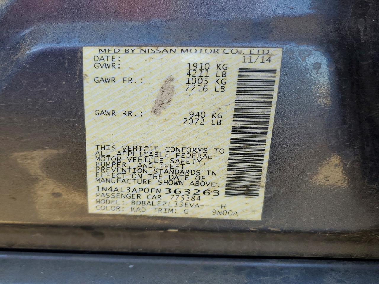 2015 Nissan Altima 2.5 S Gray vin: 1N4AL3AP0FN363263