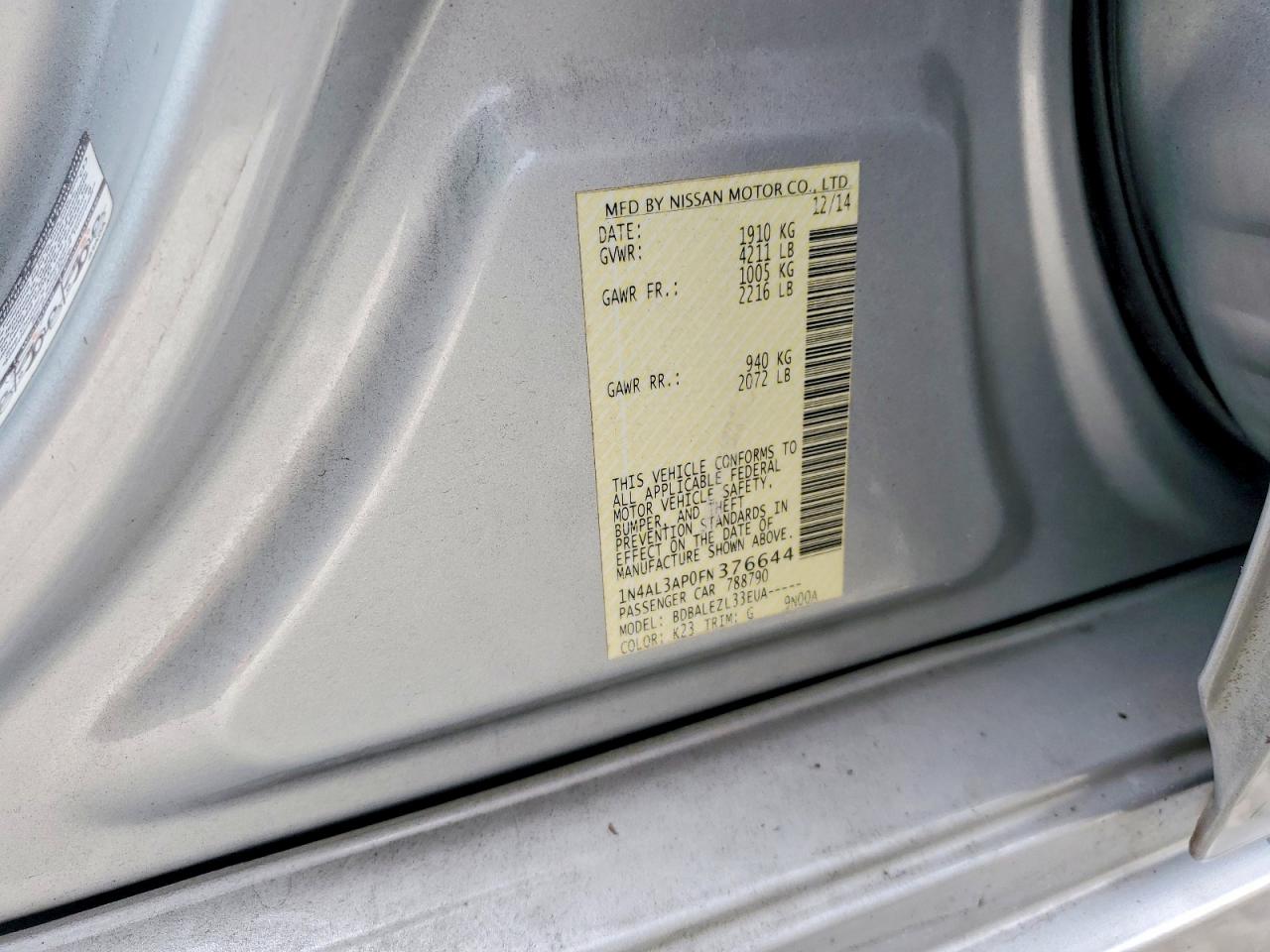 2015 Nissan Altima 2.5 S Белый vin: 1N4AL3AP0FN376644