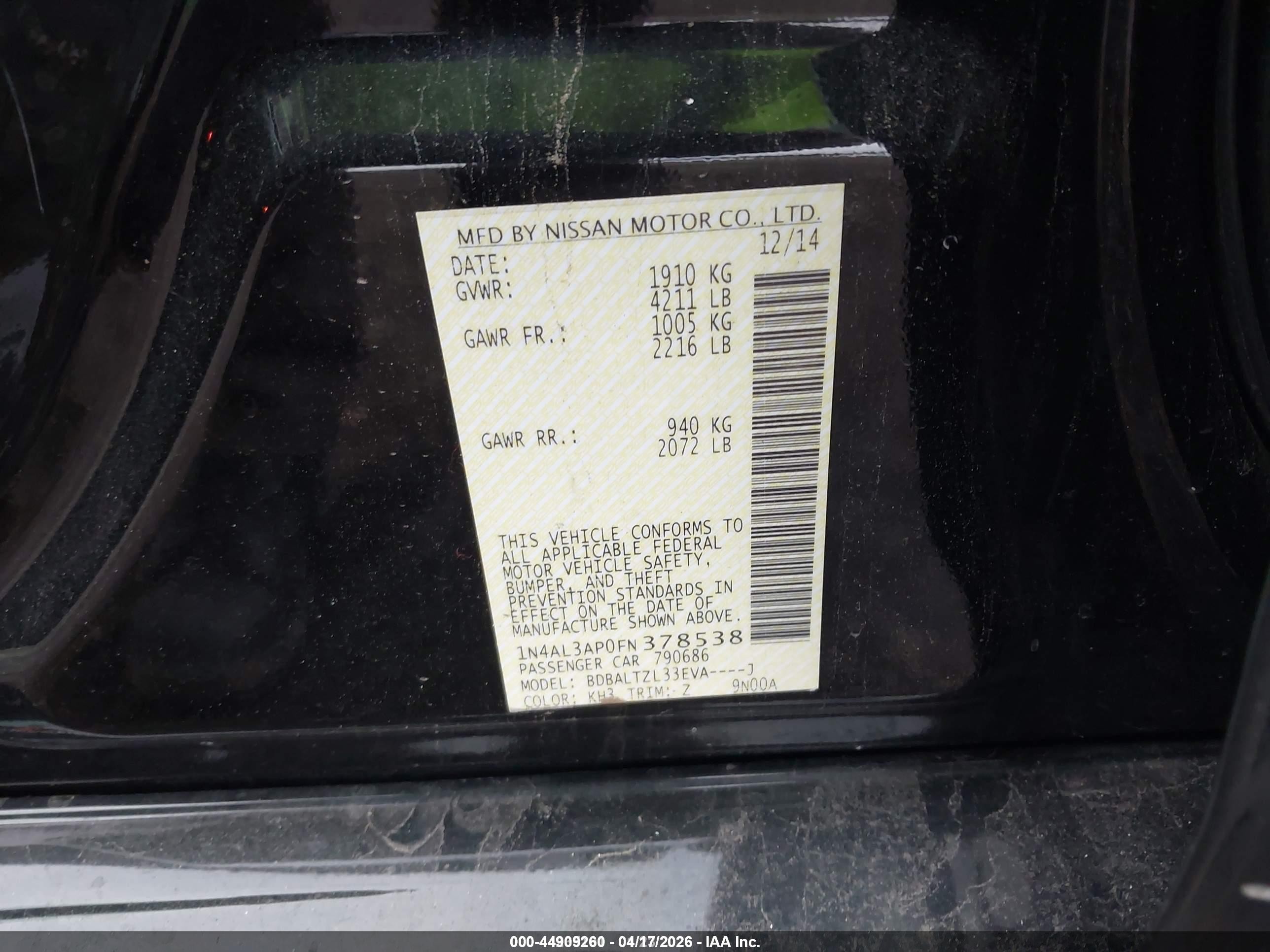 2015 Nissan Altima 2.5 Sl Бежевый vin: 1N4AL3AP0FN378538