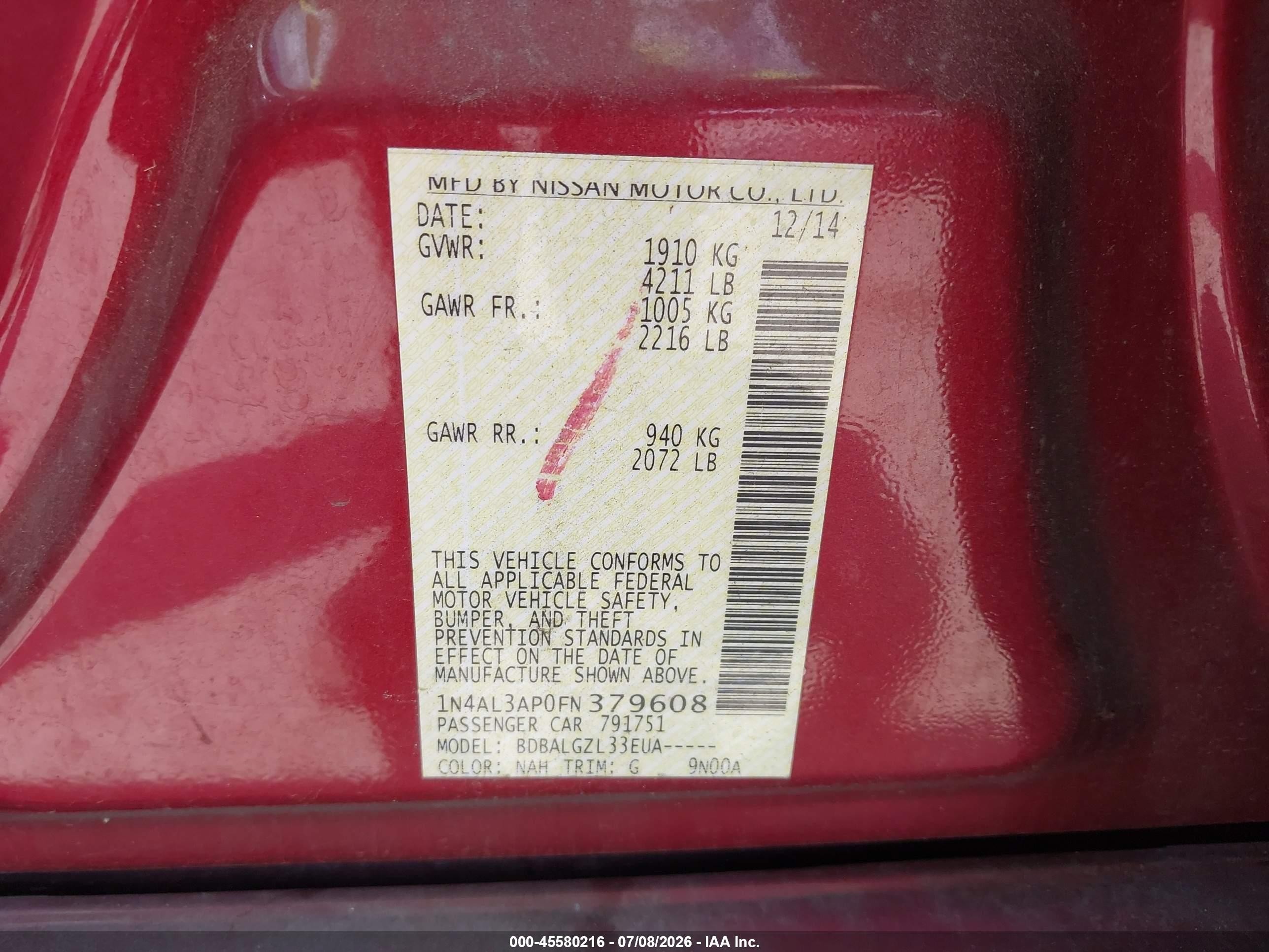 2015 Nissan Altima 2.5/2.5 S/2.5 Sl/2.5 Sv Red vin: 1N4AL3AP0FN379608